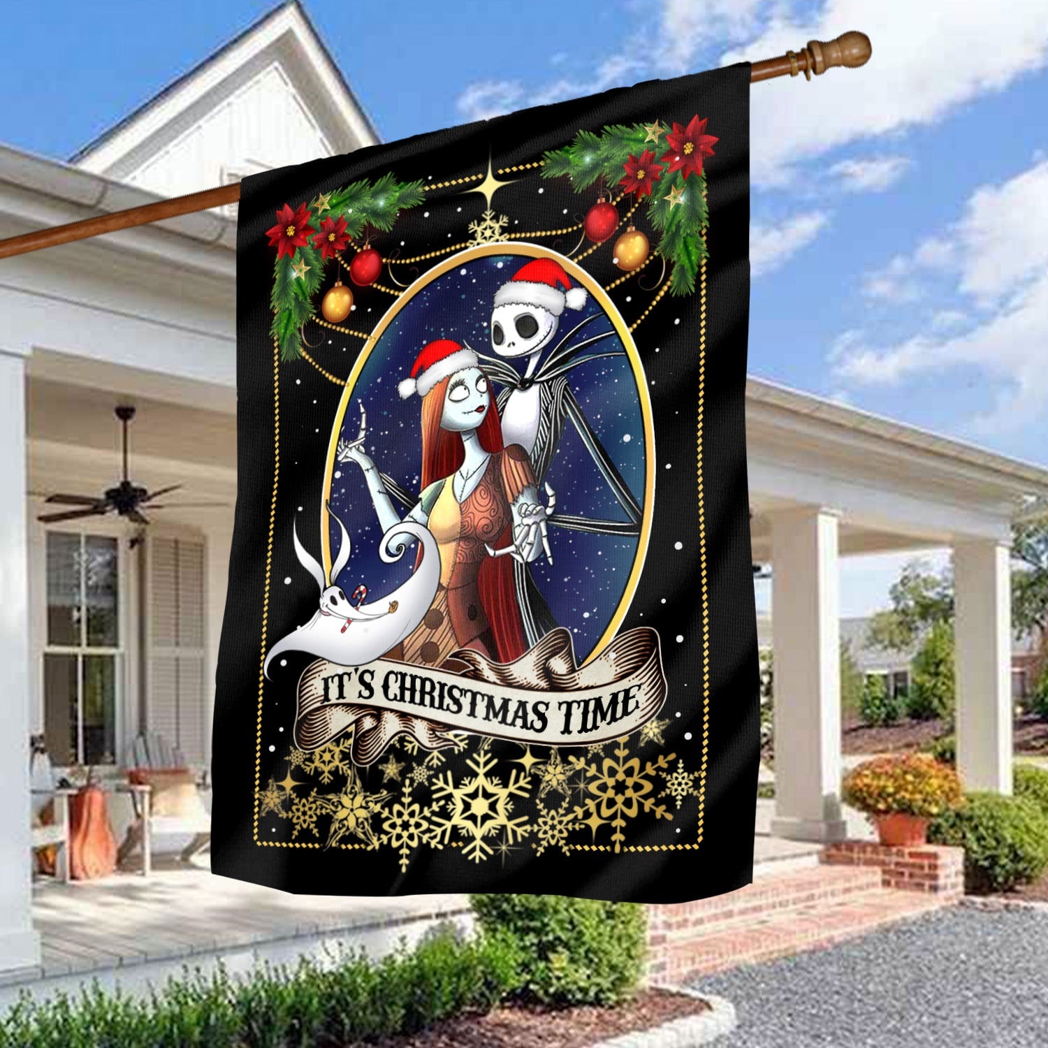 Gothic Christmas Flag - Skeleton Couple Holiday Decor with “It’s Christmas Time” Banner-W170725-09-mk-5