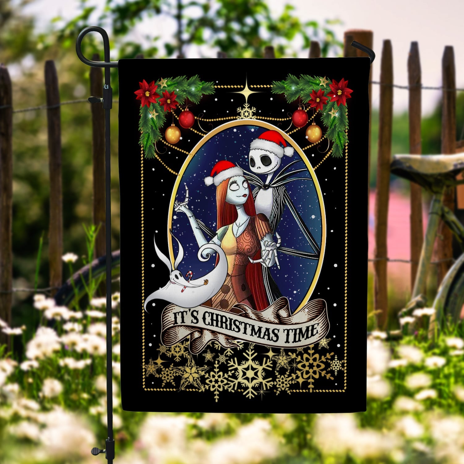 Gothic Christmas Flag - Skeleton Couple Holiday Decor with “It’s Christmas Time” Banner-W170725-09-mk-6