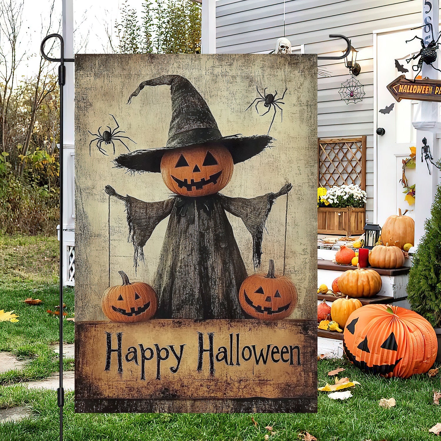 Halloween Flag - Creepy Pumpkin Scarecrow Decoration with Spiders-W170725-25-mk-1