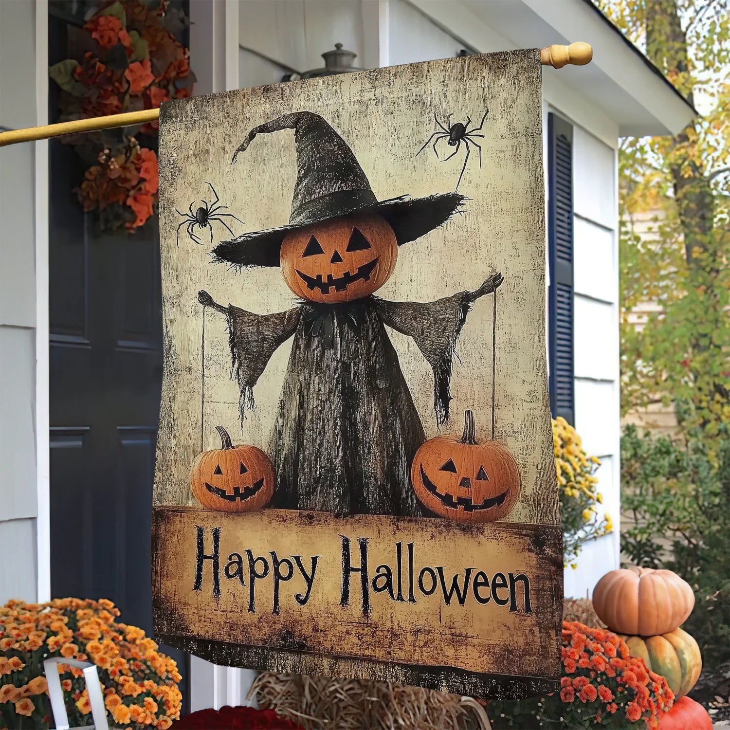 Halloween Flag - Creepy Pumpkin Scarecrow Decoration with Spiders-W170725-25-mk-2