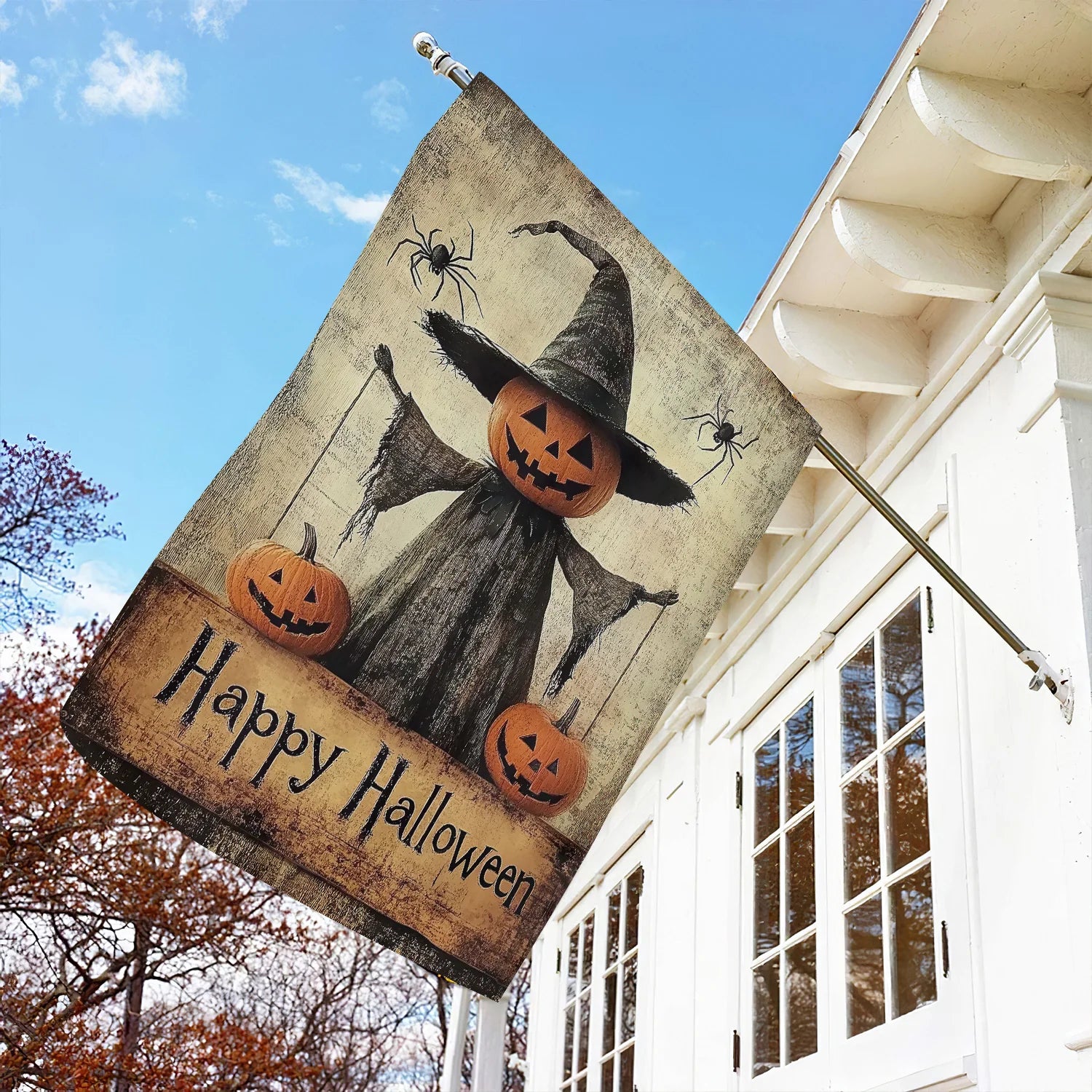 Halloween Flag - Creepy Pumpkin Scarecrow Decoration with Spiders-W170725-25-mk-4