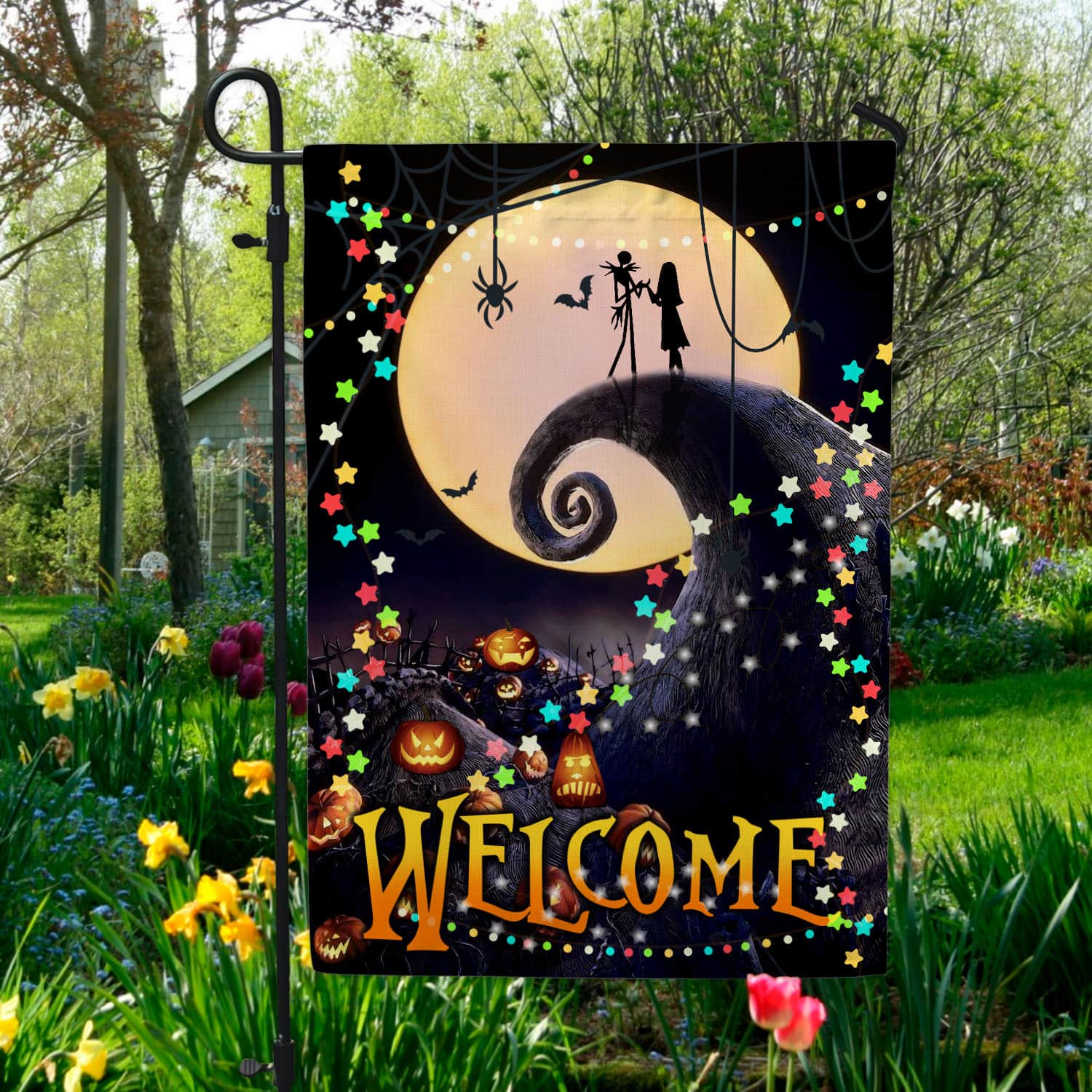 Halloween Welcome Flag - Spooky Moonlight Scene with Pumpkins and Stars-mk-1