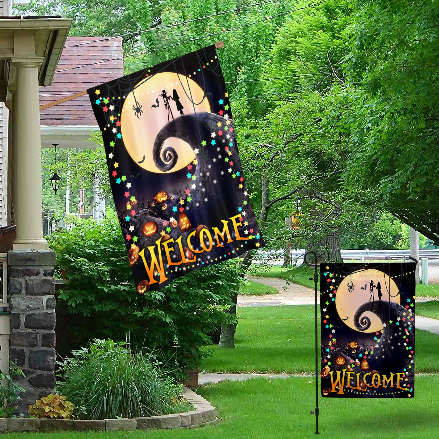 Halloween Welcome Flag - Spooky Moonlight Scene with Pumpkins and Stars-mk-2