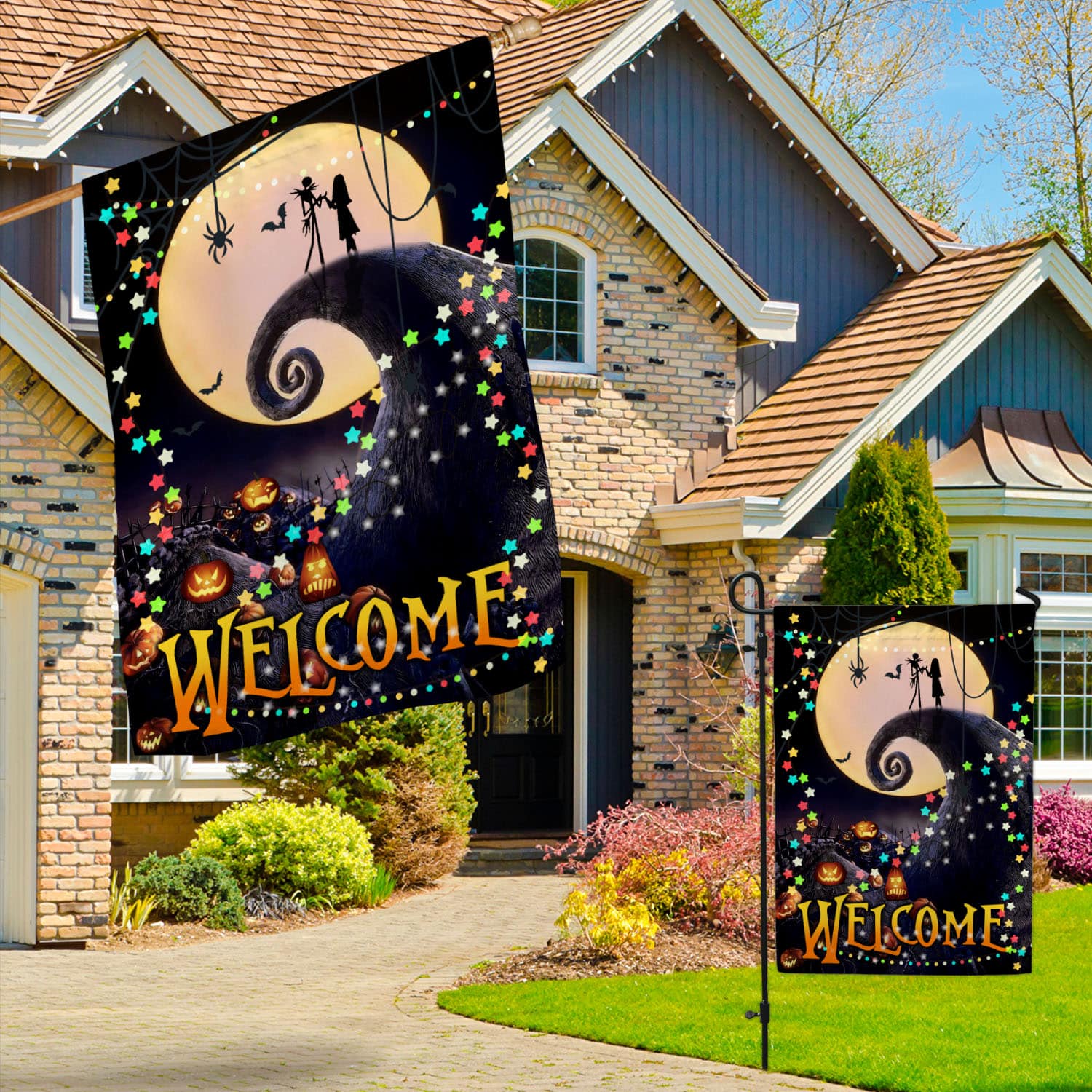 Halloween Welcome Flag - Spooky Moonlight Scene with Pumpkins and Stars-mk-1