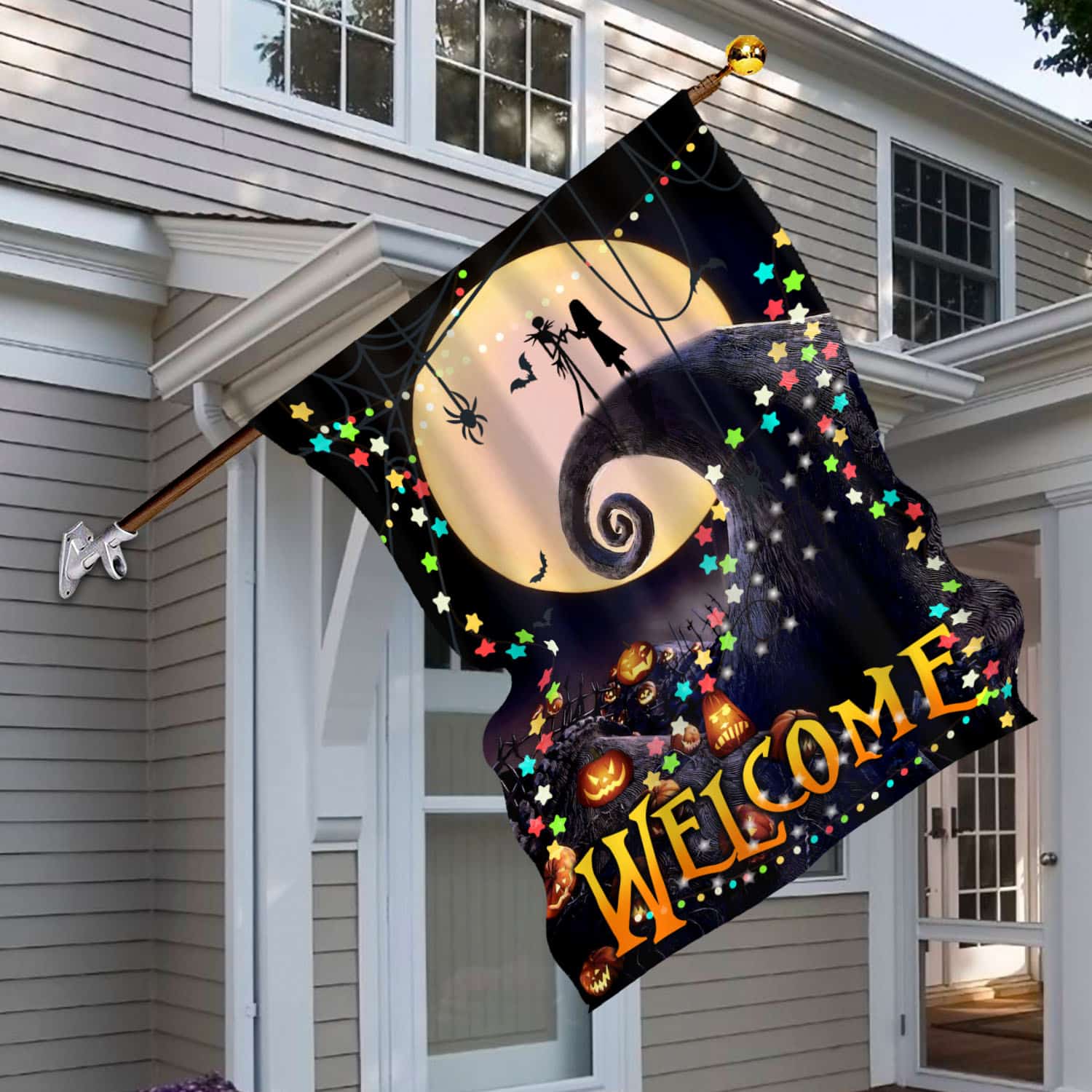 Halloween Welcome Flag - Spooky Moonlight Scene with Pumpkins and Stars-mk-4