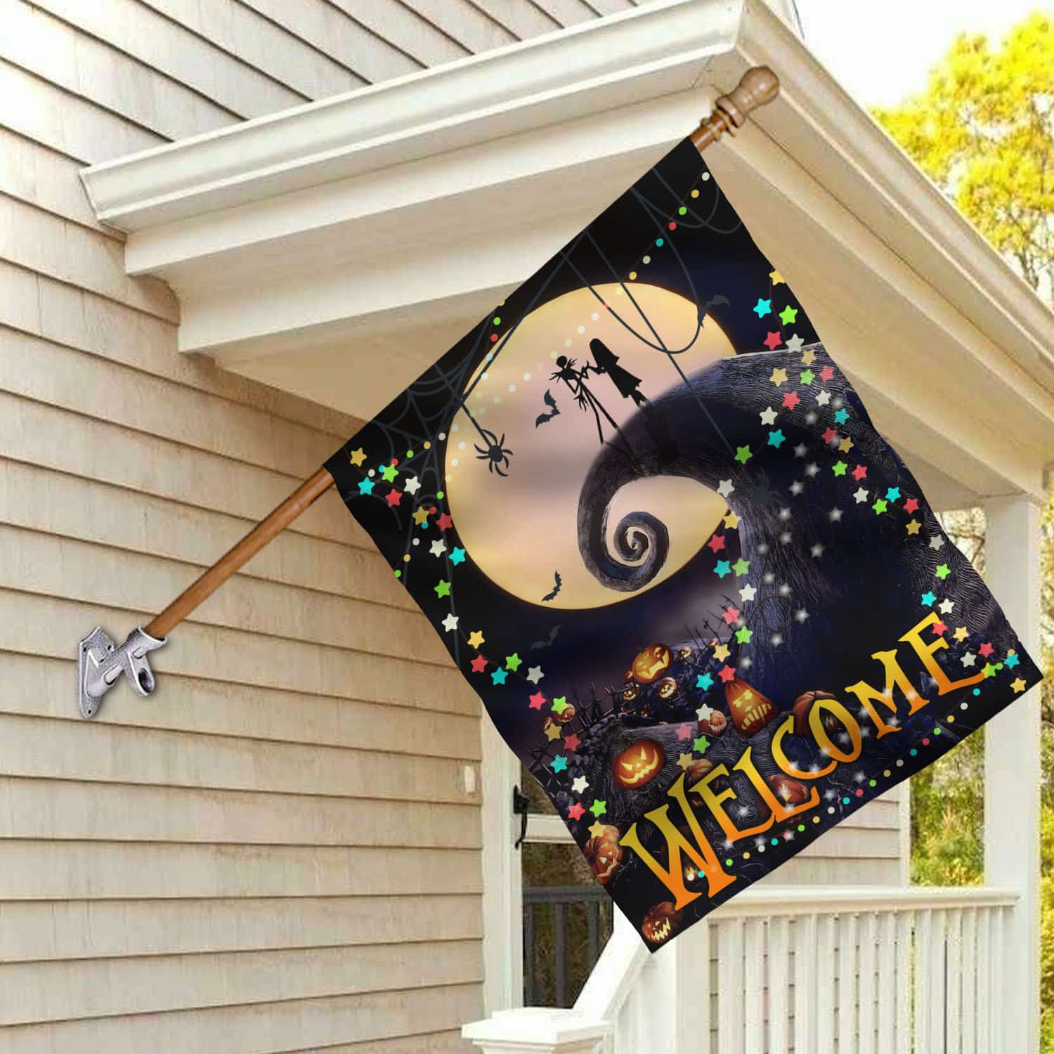 Halloween Welcome Flag - Spooky Moonlight Scene with Pumpkins and Stars-mk-5