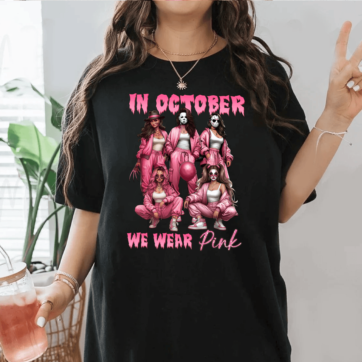 In October We Wear Pink Horror Shirt - Funny Halloween T-Shirt, Hoodie & Sweatshirt for Women-W240725-11-mk1