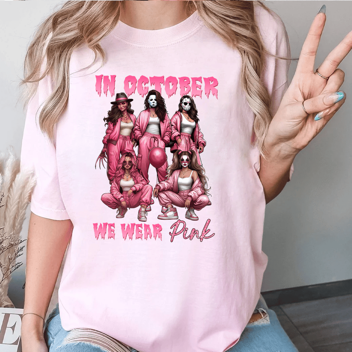 In October We Wear Pink Horror Shirt - Funny Halloween T-Shirt, Hoodie & Sweatshirt for Women-W240725-11-mk2