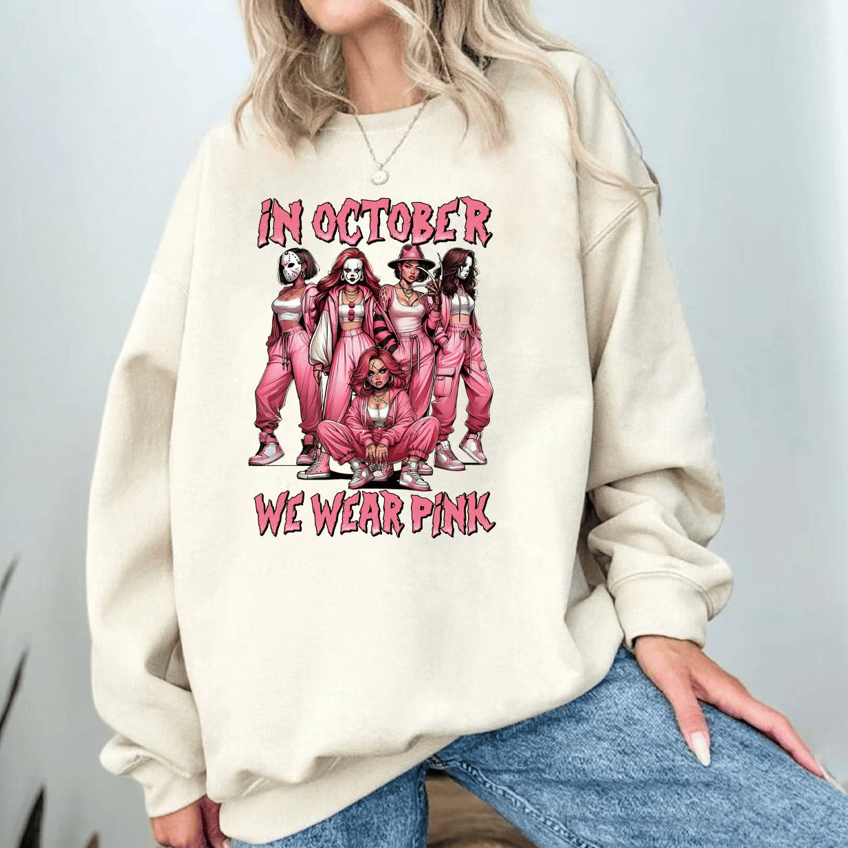 In October We Wear Pink Horror Shirt - Funny Halloween T-Shirt, Hoodie & Sweatshirt for Women-W240725-12-mk2