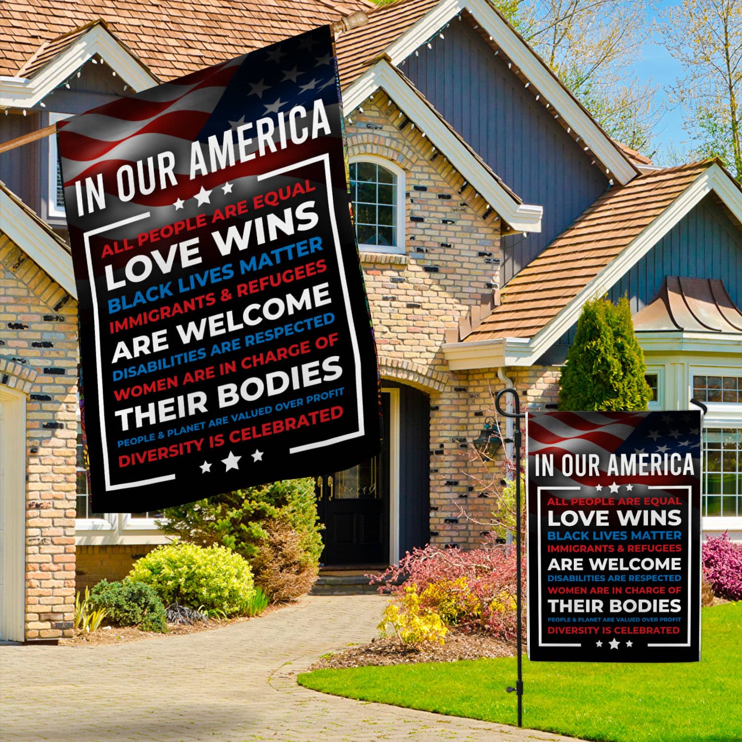 In Our America Flag - Progressive Equality & Justice Message Banner-W150725-02-mk2
