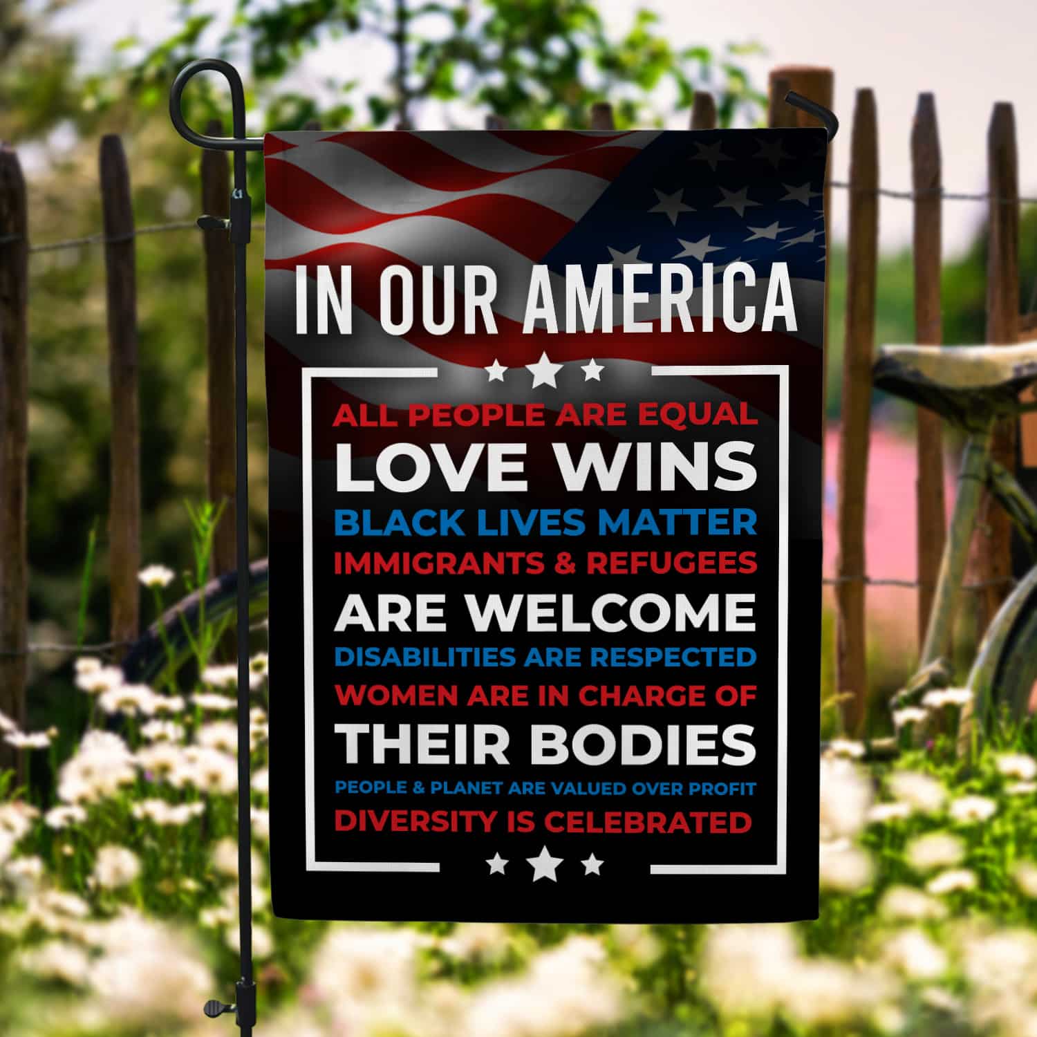 In Our America Flag - Progressive Equality & Justice Message Banner-W150725-02-mk4