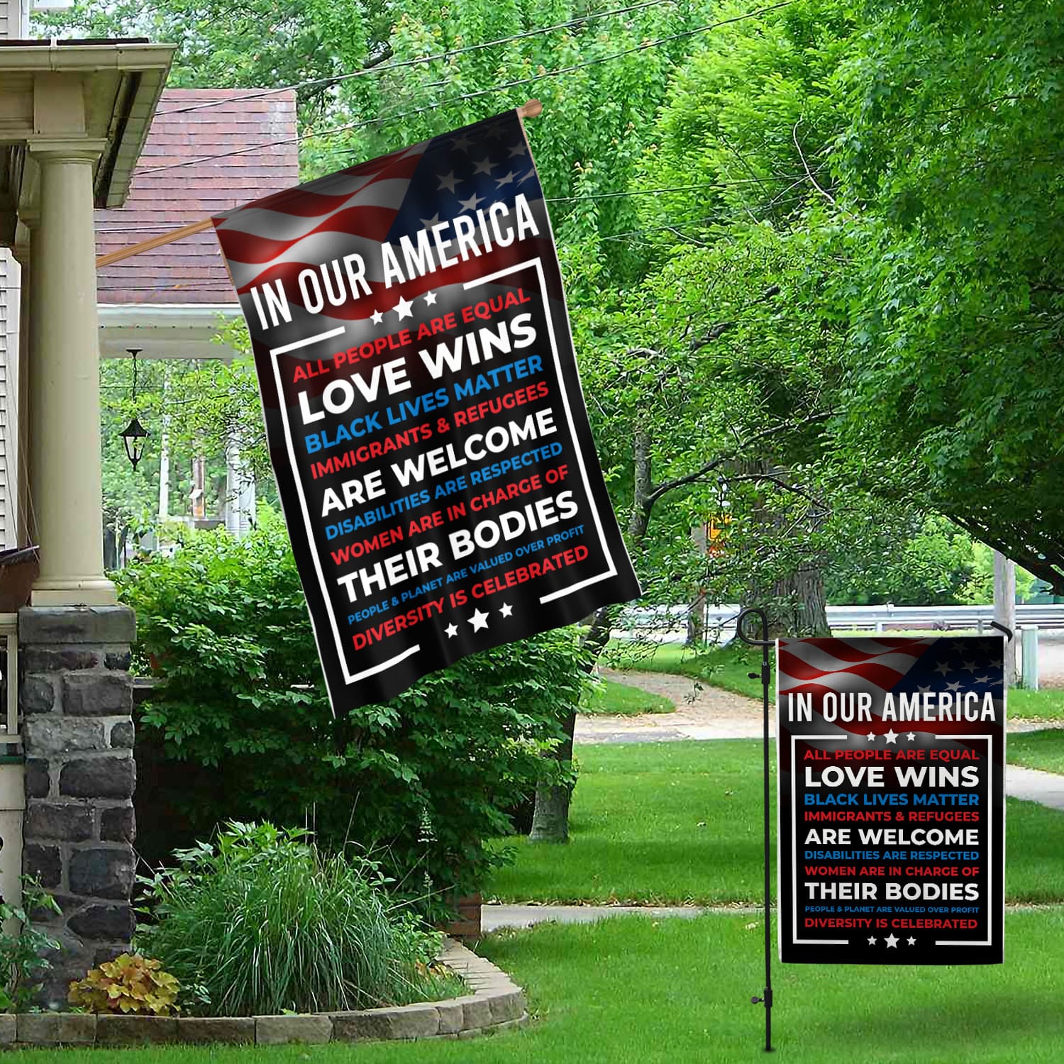 In Our America Flag - Progressive Equality & Justice Message Banner-W150725-02-mk5