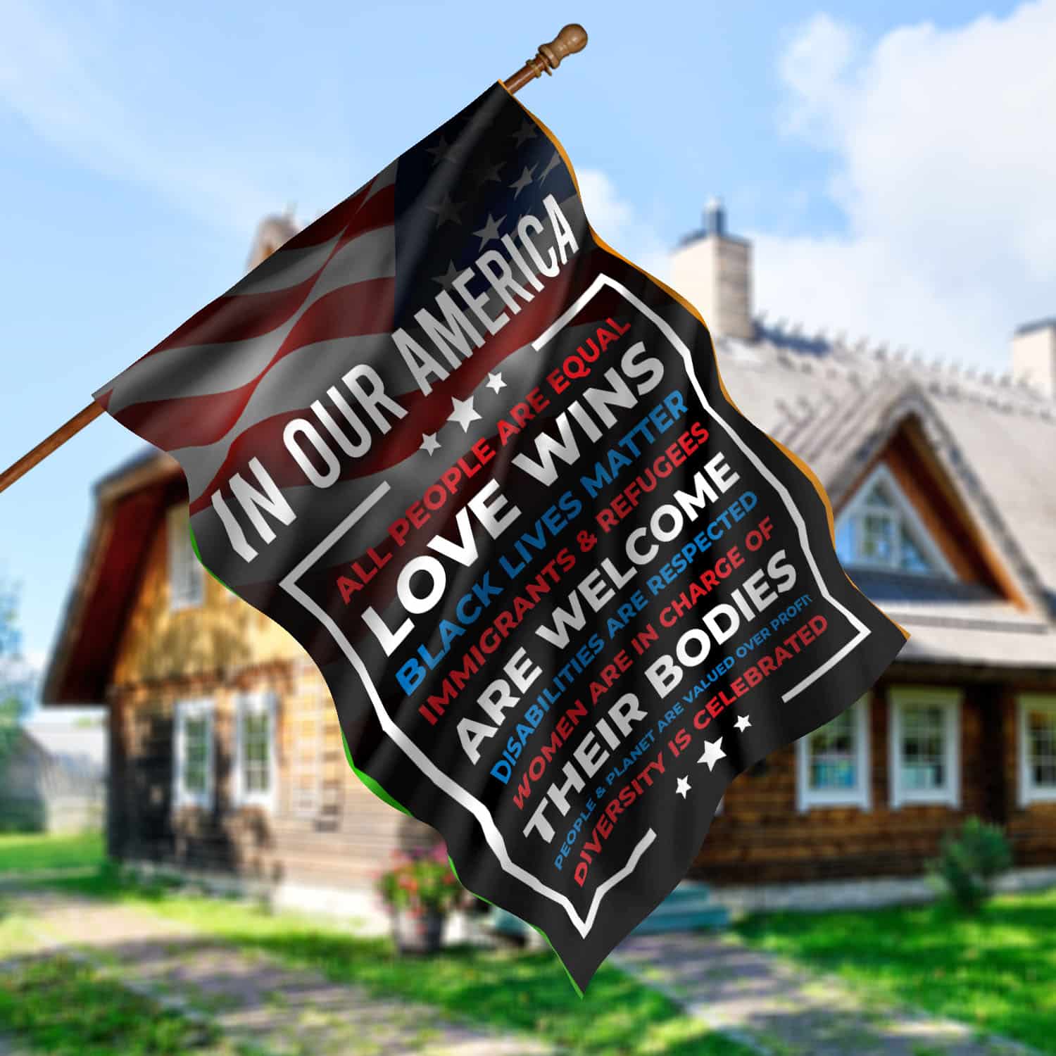 In Our America Flag - Progressive Equality & Justice Message Banner-W150725-02-mk6