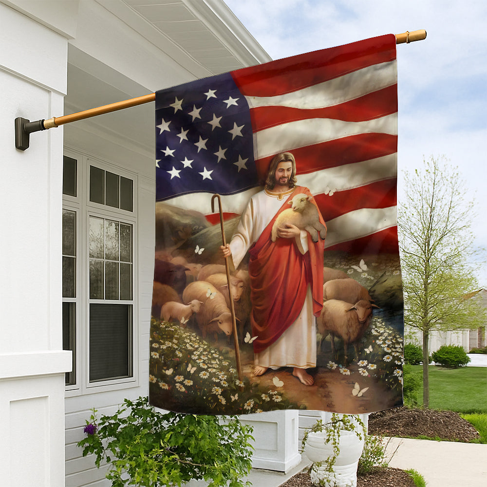 Jesus Flag - American Flag with Jesus the Shepherd, Lamb, and Sheep, Inspirational Religious Flag Design-W070725-4-mk1