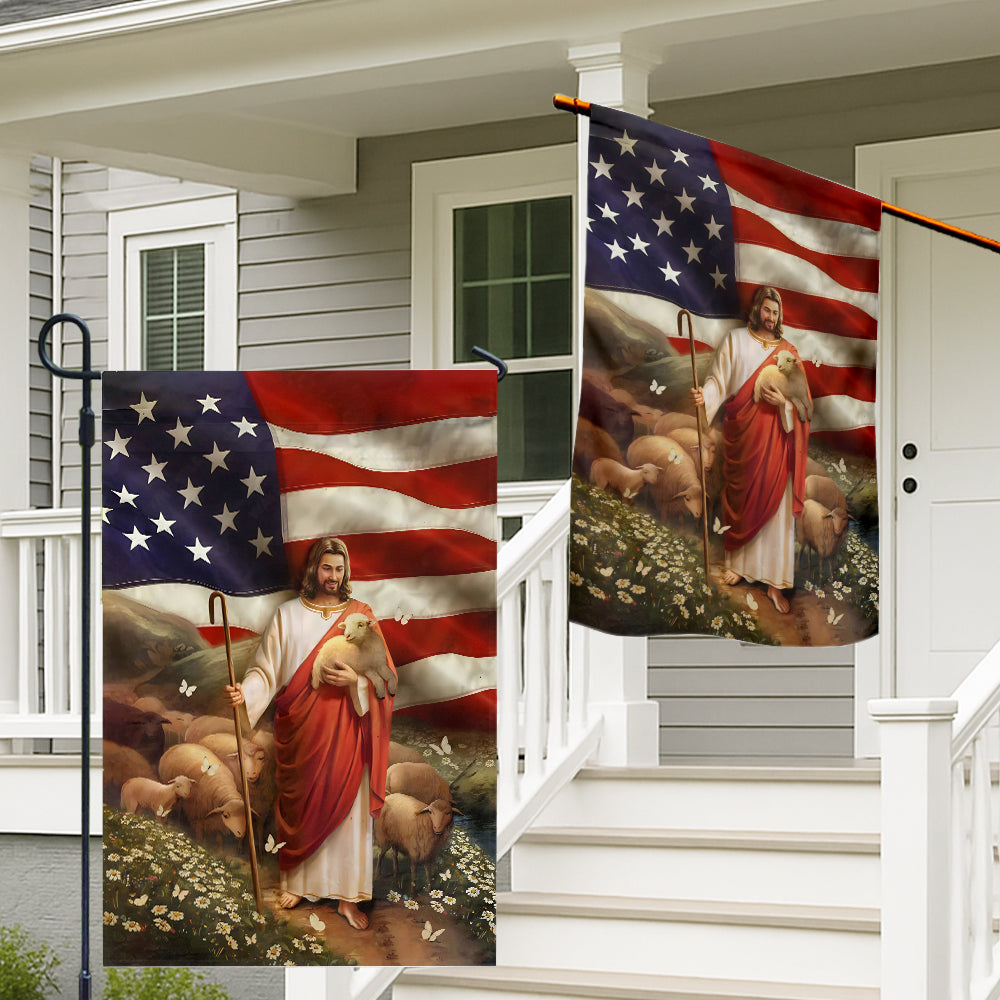 Jesus Flag - American Flag with Jesus the Shepherd, Lamb, and Sheep, Inspirational Religious Flag Design-W070725-4-mk2