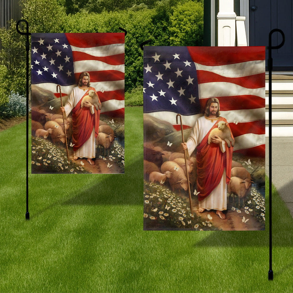 Jesus Flag - American Flag with Jesus the Shepherd, Lamb, and Sheep, Inspirational Religious Flag Design-W070725-4-mk3