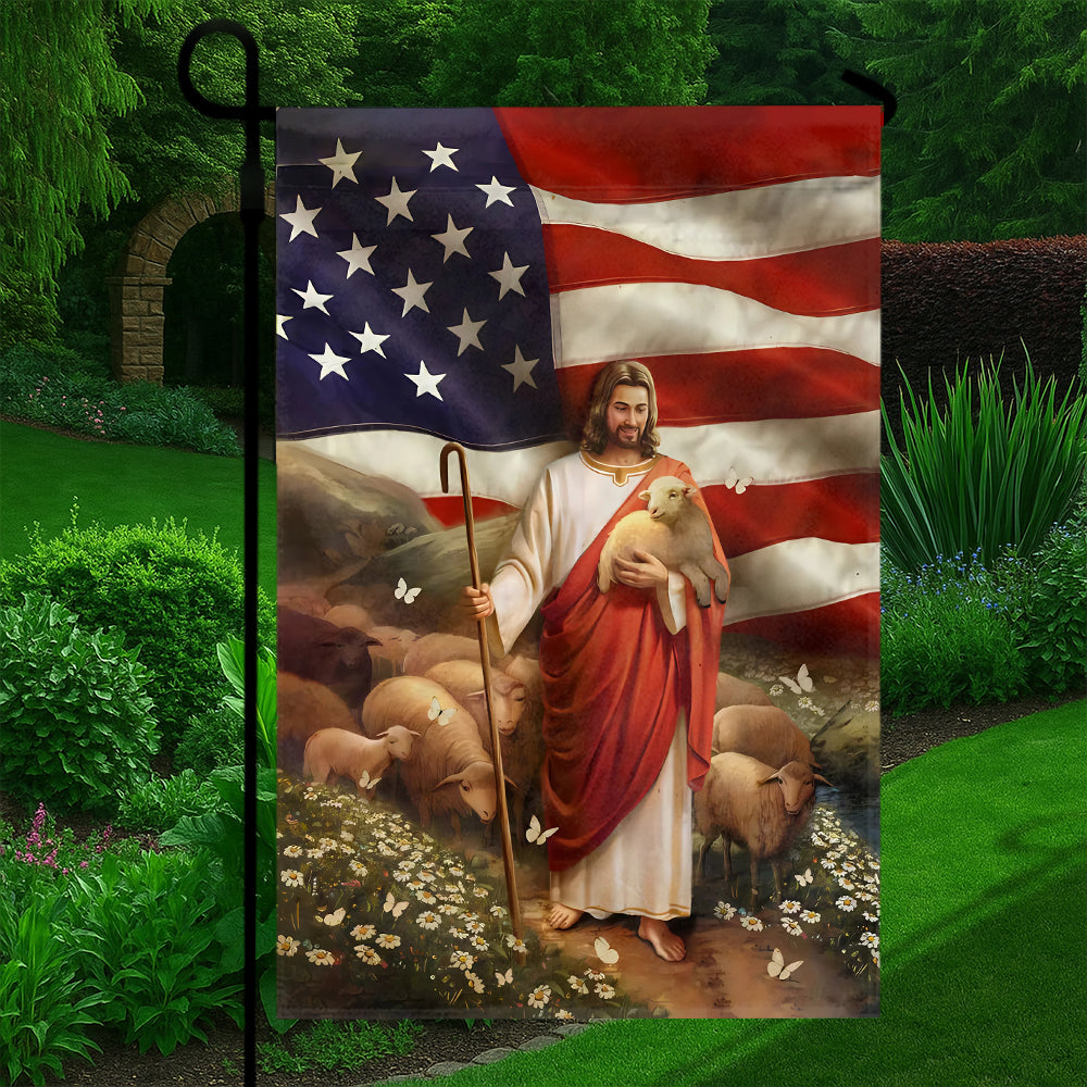 Jesus Flag - American Flag with Jesus the Shepherd, Lamb, and Sheep, Inspirational Religious Flag Design-W070725-4-mk5