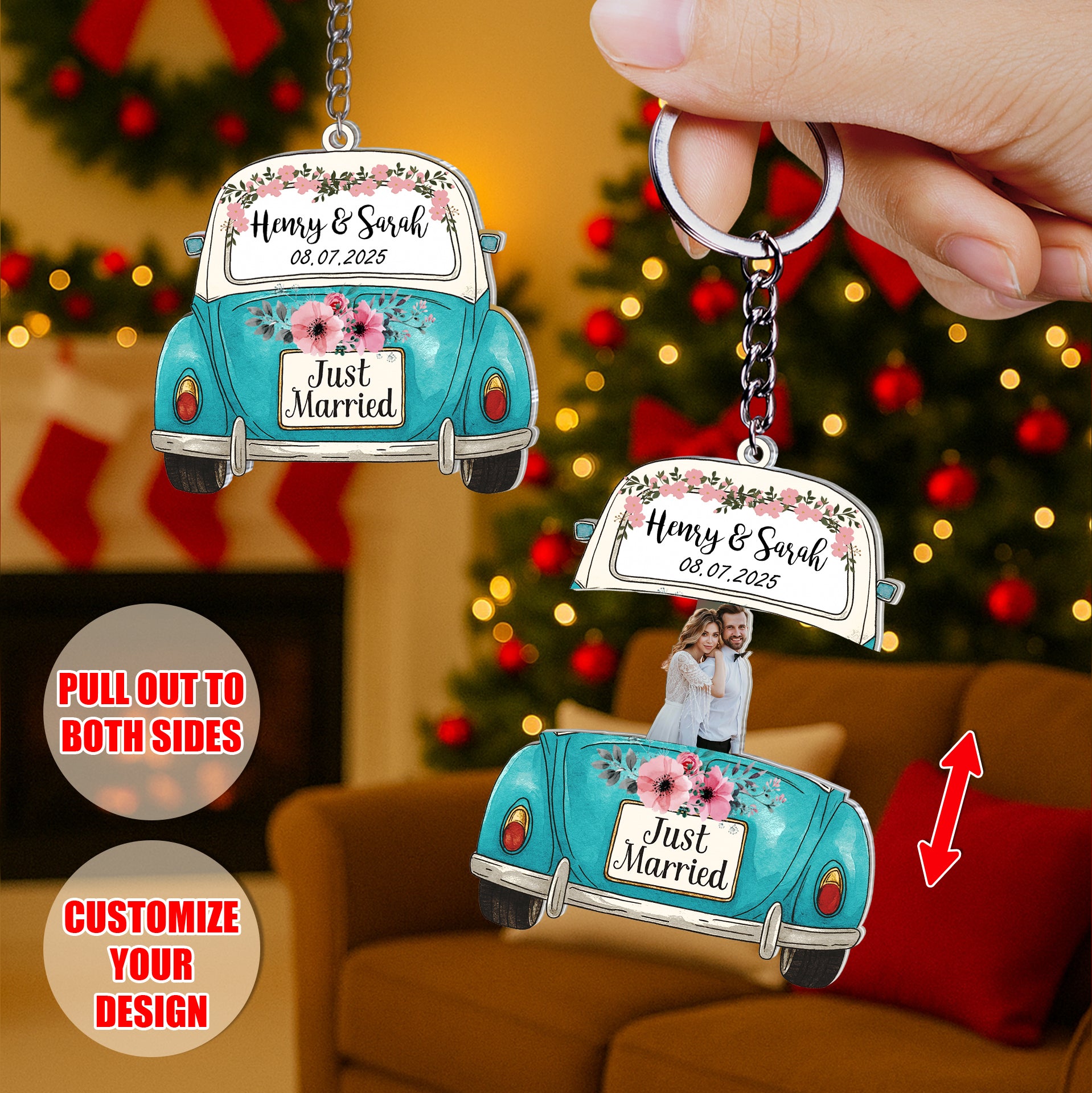 Interactive sliding reveal keychain pulled open to show a hidden custom wedding photo of a bride and groom