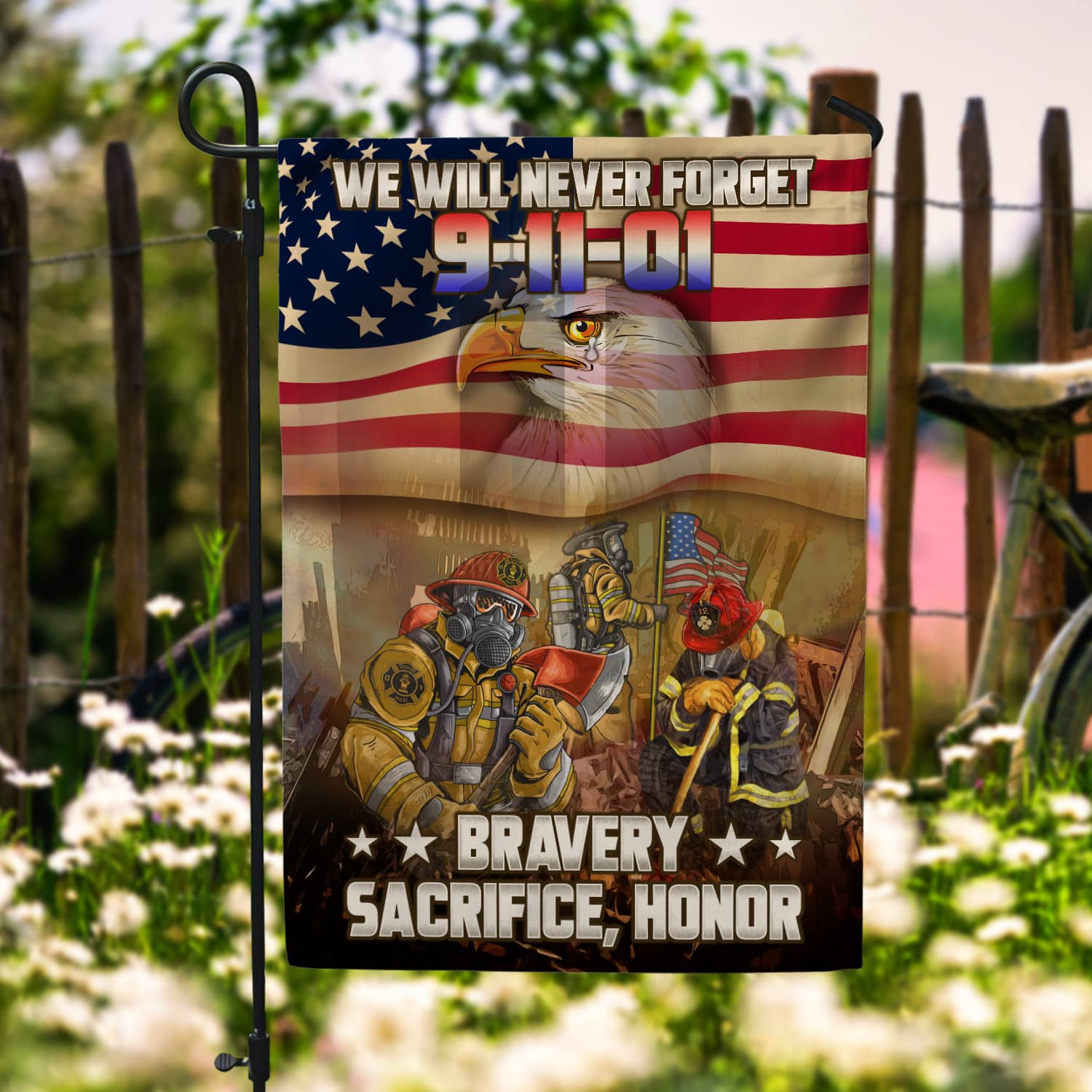 Patriot Day 9/11 Flag - Firefighter Tribute with American Flag, Bald Eagle, and Bravery Message-140725-12-mk-1