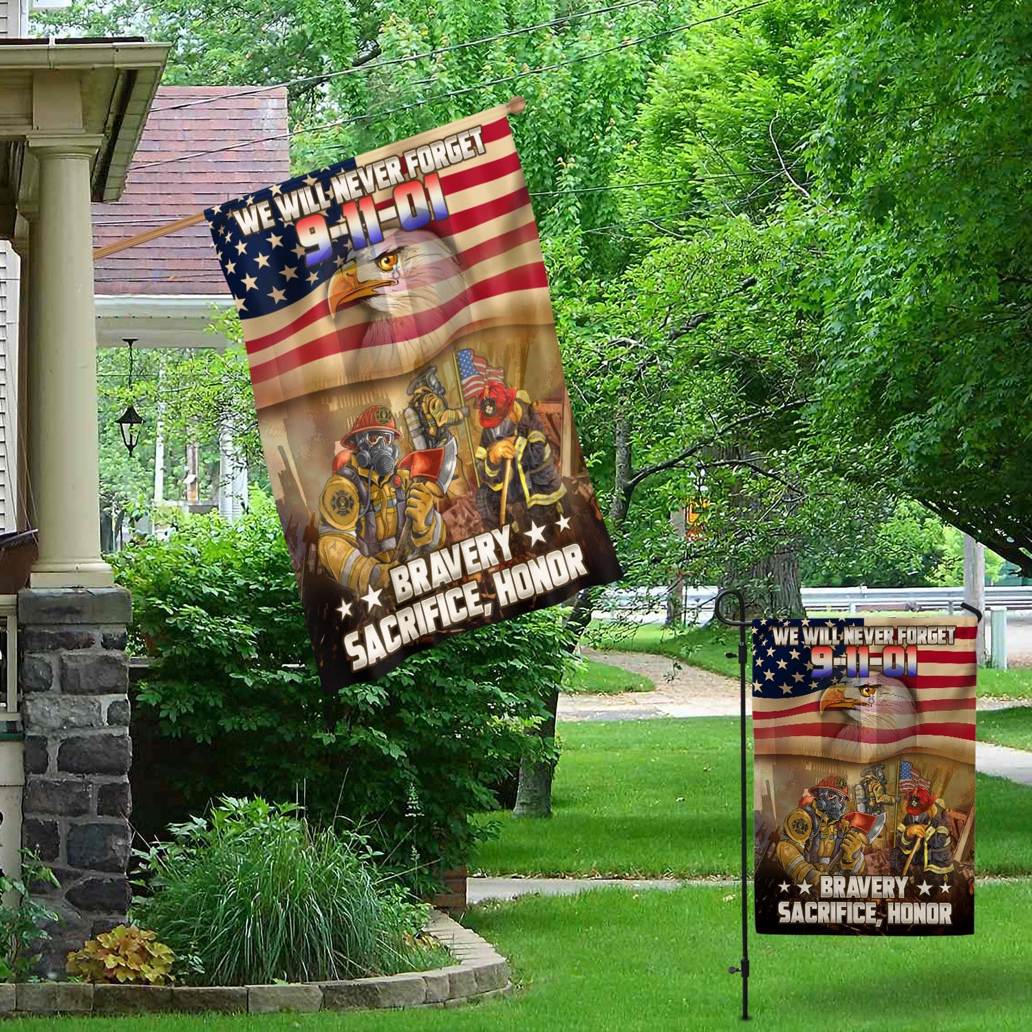 Patriot Day 9/11 Flag - Firefighter Tribute with American Flag, Bald Eagle, and Bravery Message-140725-12-mk-2