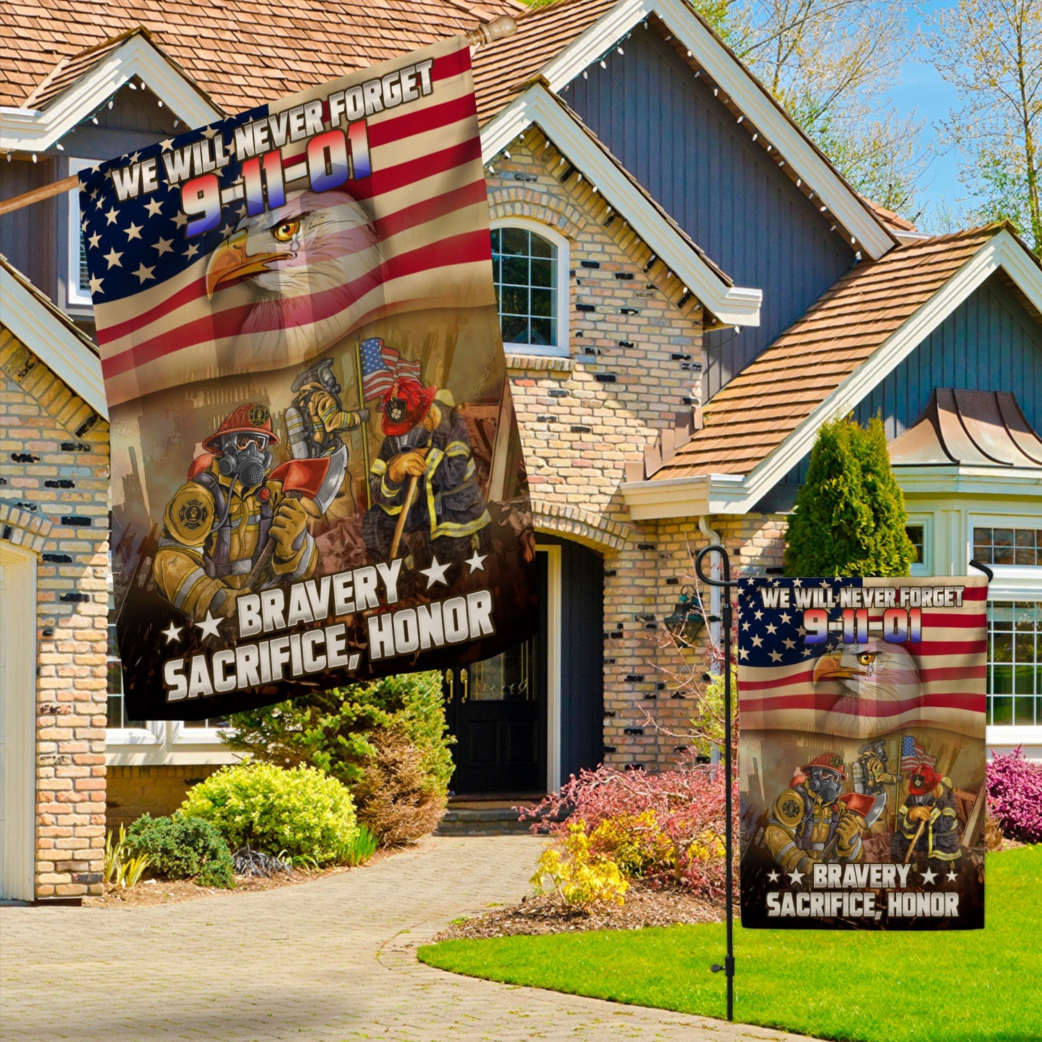 Patriot Day 9/11 Flag - Firefighter Tribute with American Flag, Bald Eagle, and Bravery Message-140725-12-mk-3