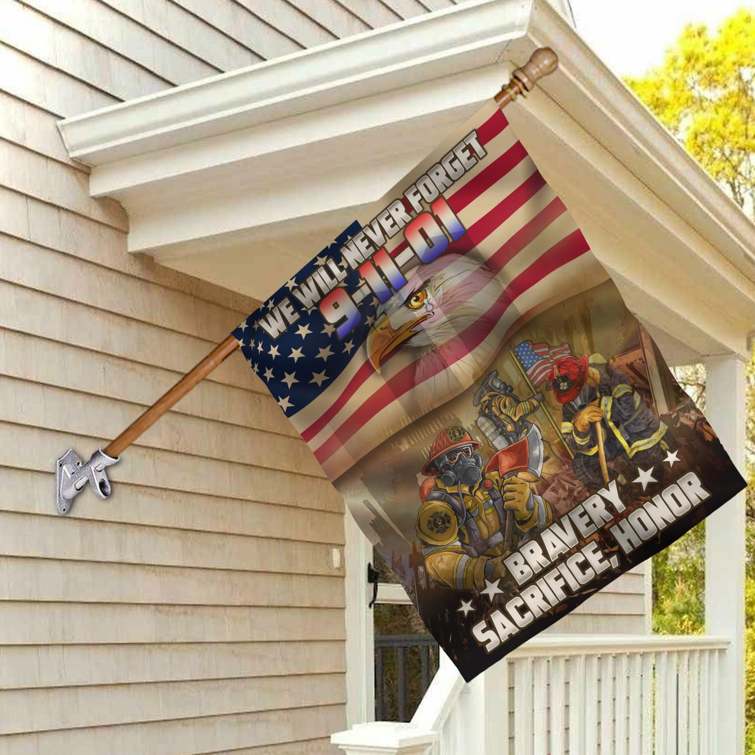 Patriot Day 9/11 Flag - Firefighter Tribute with American Flag, Bald Eagle, and Bravery Message-140725-12-mk-4