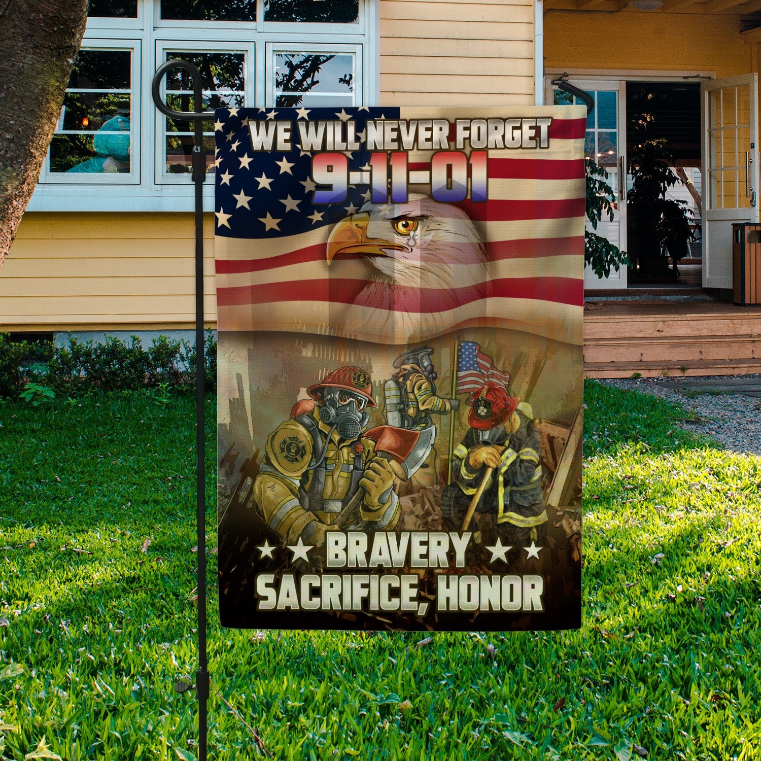 Patriot Day 9/11 Flag - Firefighter Tribute with American Flag, Bald Eagle, and Bravery Message-140725-12-mk-5