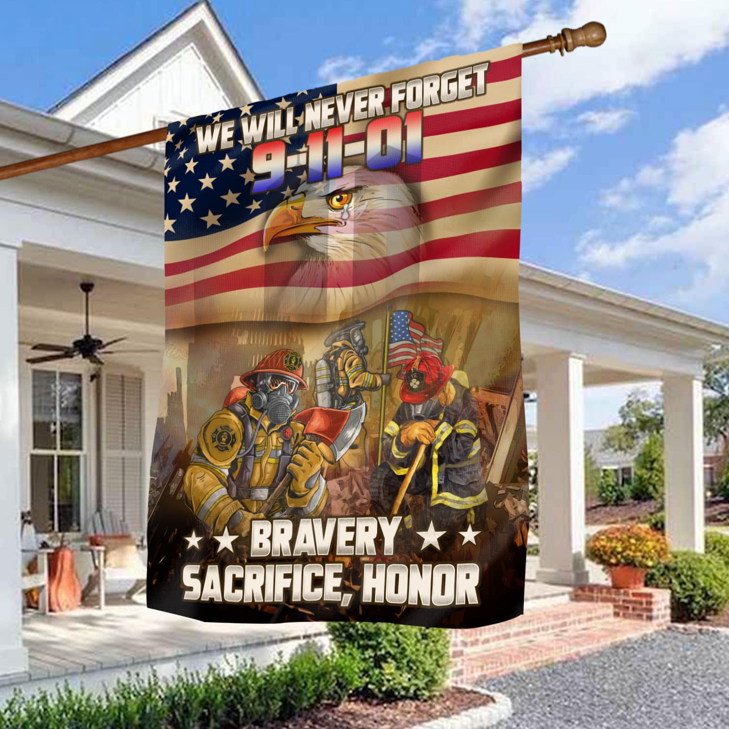 Patriot Day 9/11 Flag - Firefighter Tribute with American Flag, Bald Eagle, and Bravery Message-140725-12-mk-6