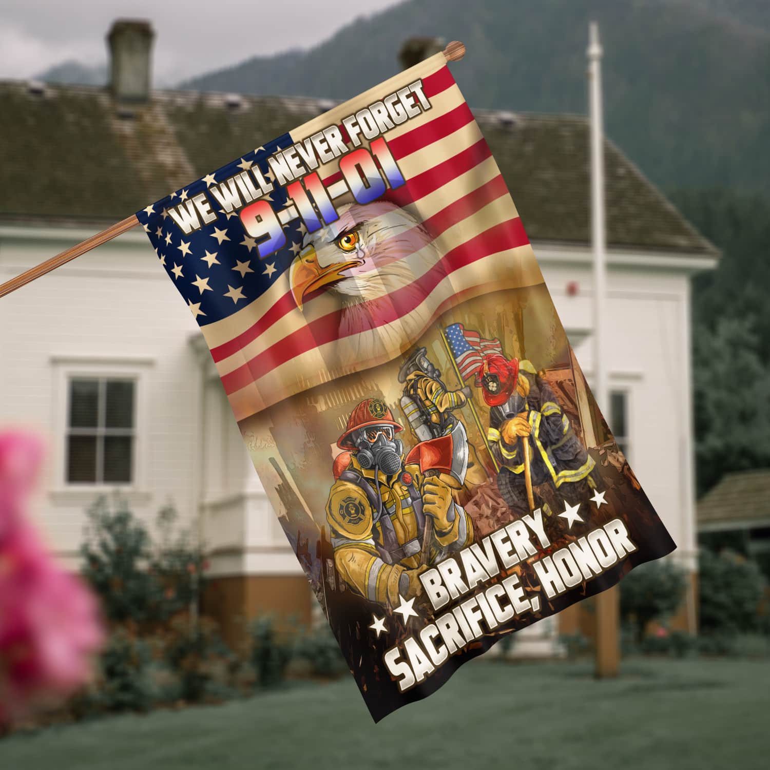 Patriot Day 9/11 Flag - Firefighter Tribute with American Flag, Bald Eagle, and Bravery Message-140725-12-mk-7