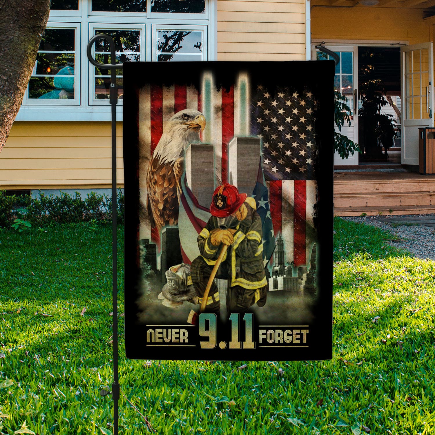 Patriot Day 9/11 Flag - Never Forget Tribute with Firefighter, Twin Towers, and American Symbols-140725-11-mk-1