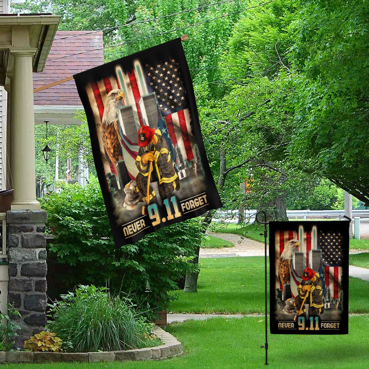 Patriot Day 9/11 Flag - Never Forget Tribute with Firefighter, Twin Towers, and American Symbols-140725-11-mk-2
