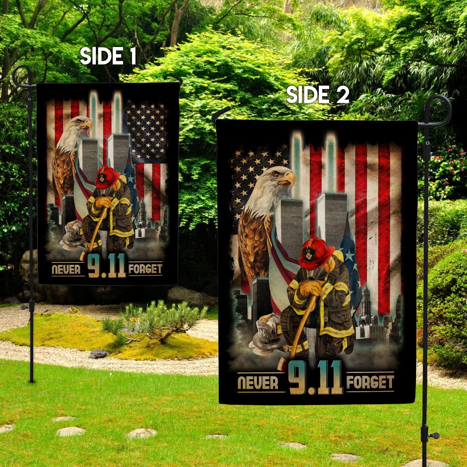 Patriot Day 9/11 Flag - Never Forget Tribute with Firefighter, Twin Towers, and American Symbols-140725-11-mk-3