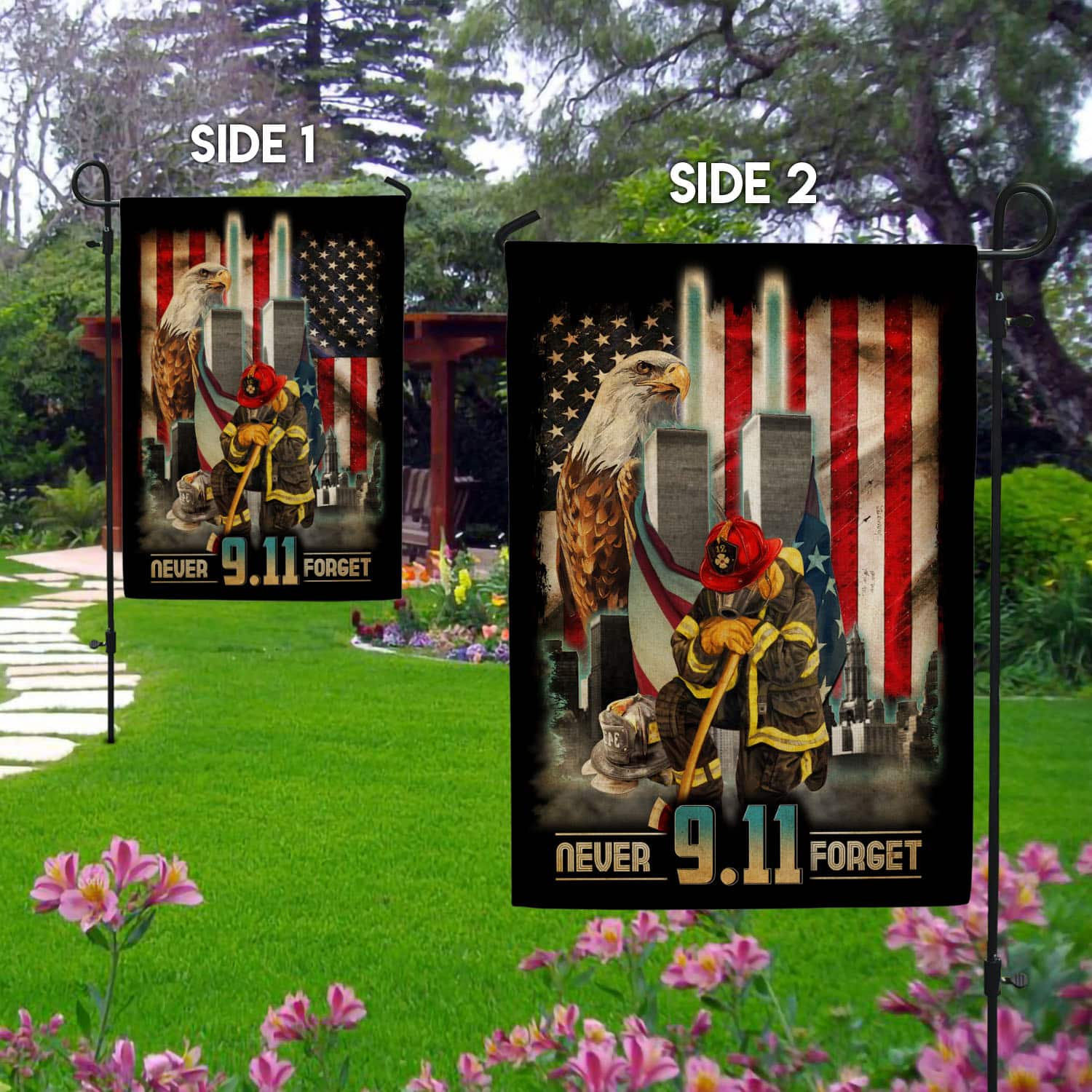 Patriot Day 9/11 Flag - Never Forget Tribute with Firefighter, Twin Towers, and American Symbols-140725-11-mk-4