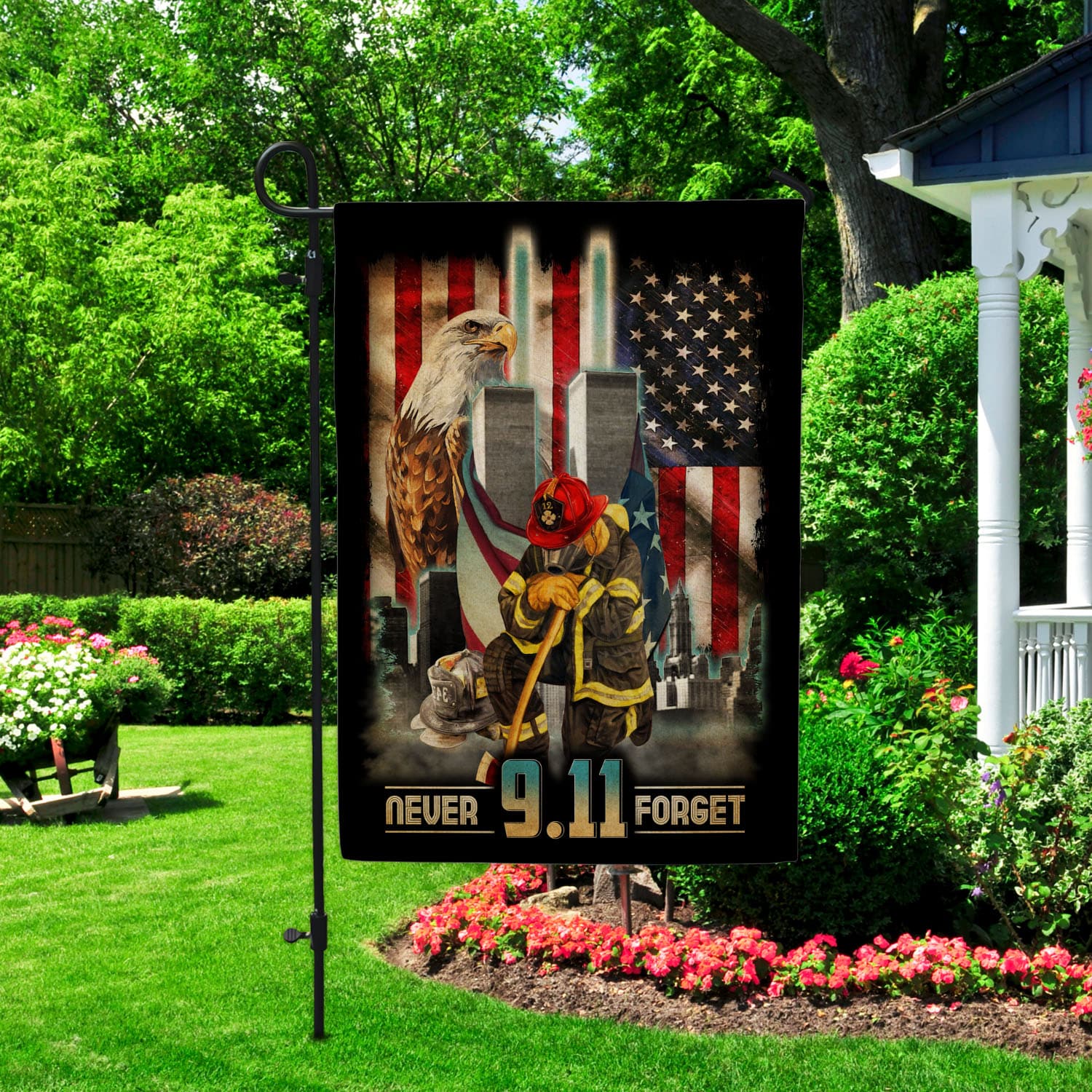 Patriot Day 9/11 Flag - Never Forget Tribute with Firefighter, Twin Towers, and American Symbols-140725-11-mk-5