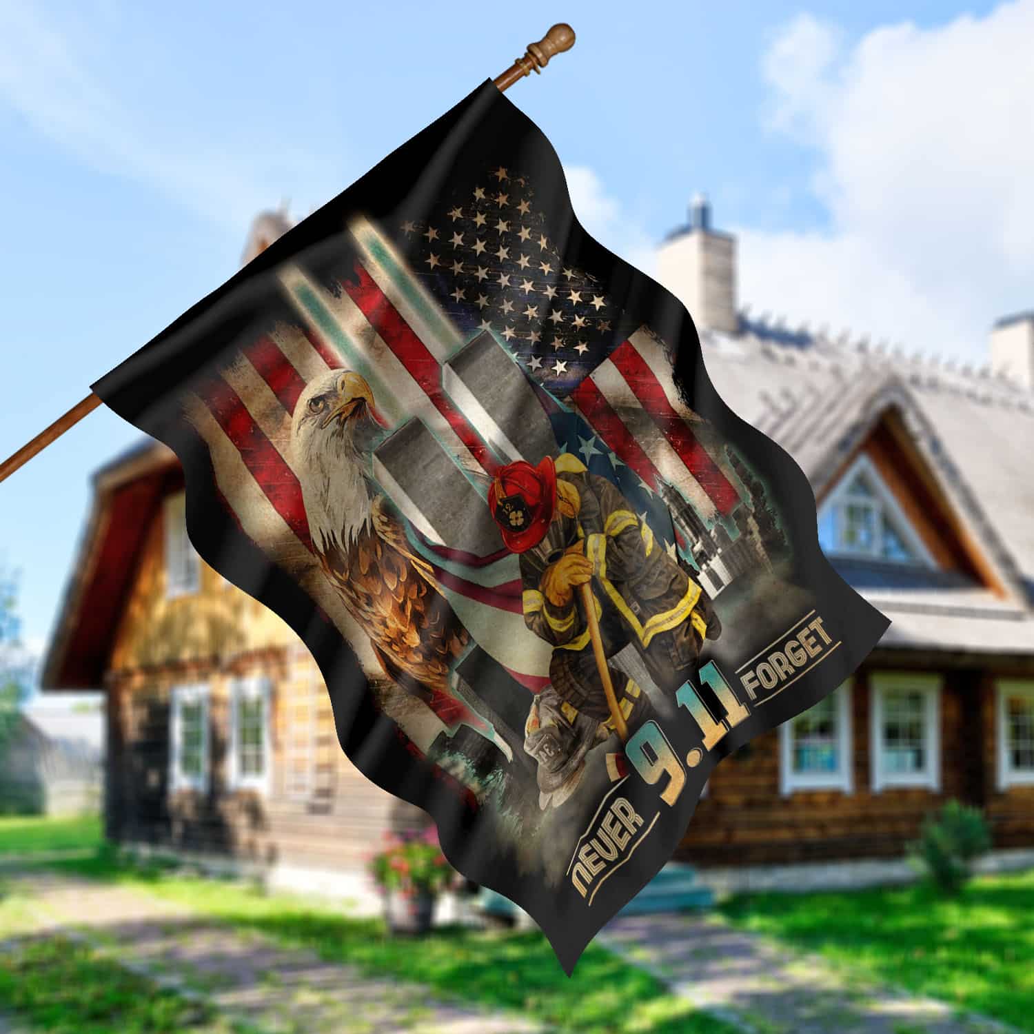 Patriot Day 9/11 Flag - Never Forget Tribute with Firefighter, Twin Towers, and American Symbols-140725-11-mk-6