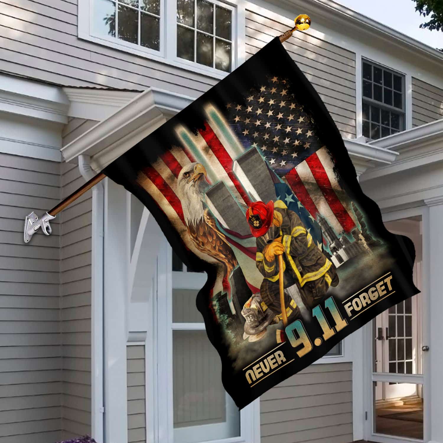 Patriot Day 9/11 Flag - Never Forget Tribute with Firefighter, Twin Towers, and American Symbols-140725-11-mk-7