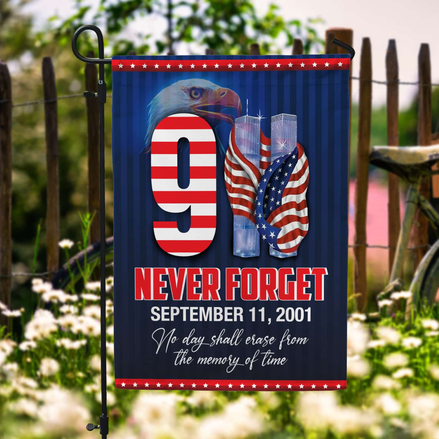 Patriot Day 9/11 Flag - September 11 Tribute with Twin Towers, American Flag, and Bald Eagle-140725-13-mk-1