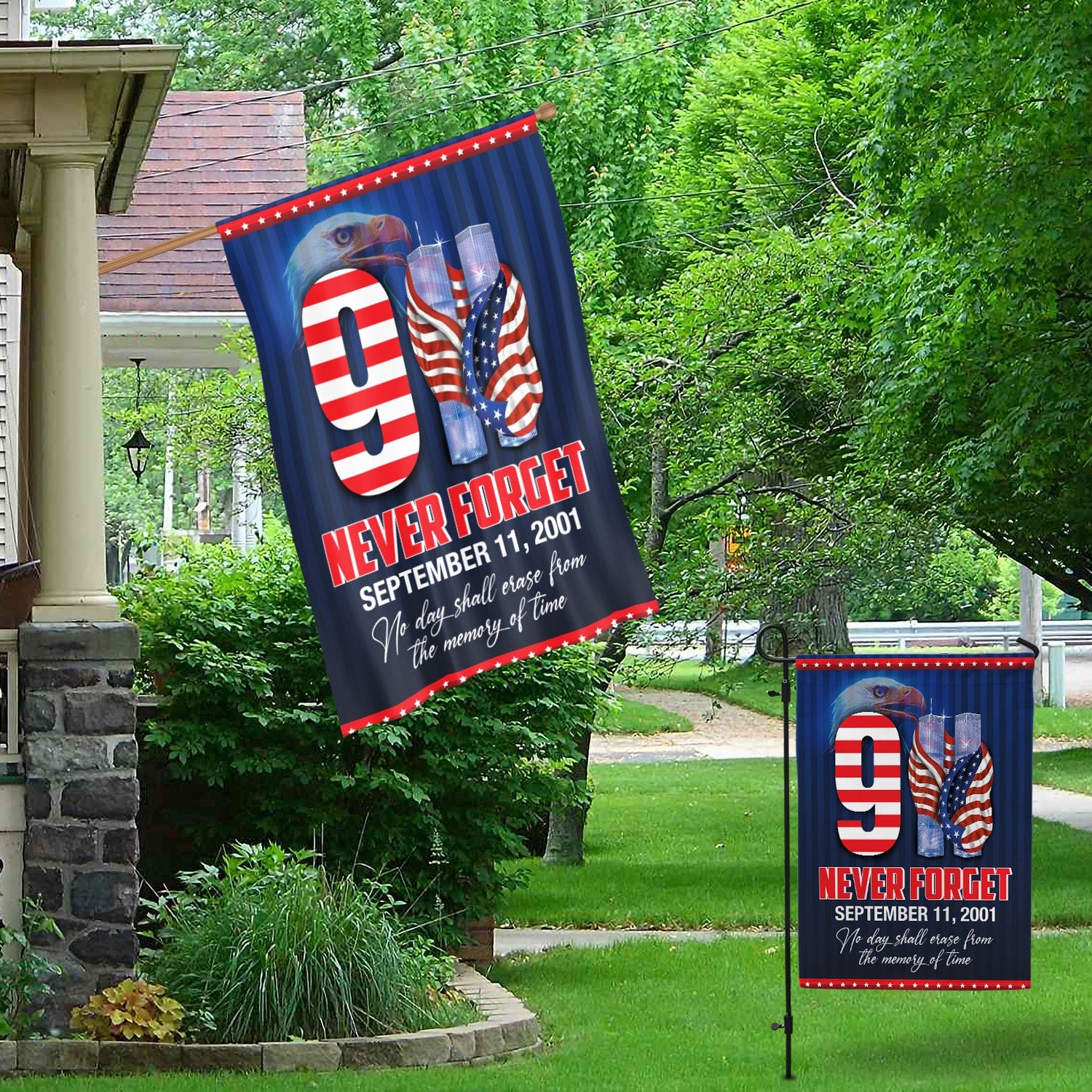 Patriot Day 9/11 Flag - September 11 Tribute with Twin Towers, American Flag, and Bald Eagle-140725-13-mk-2