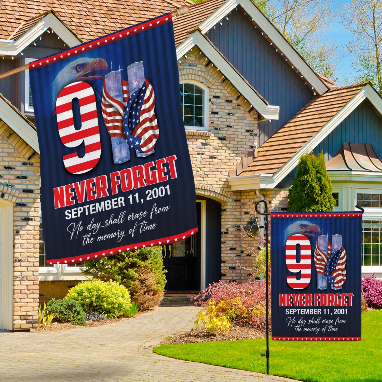 Patriot Day 9/11 Flag - September 11 Tribute with Twin Towers, American Flag, and Bald Eagle-140725-13-mk-3