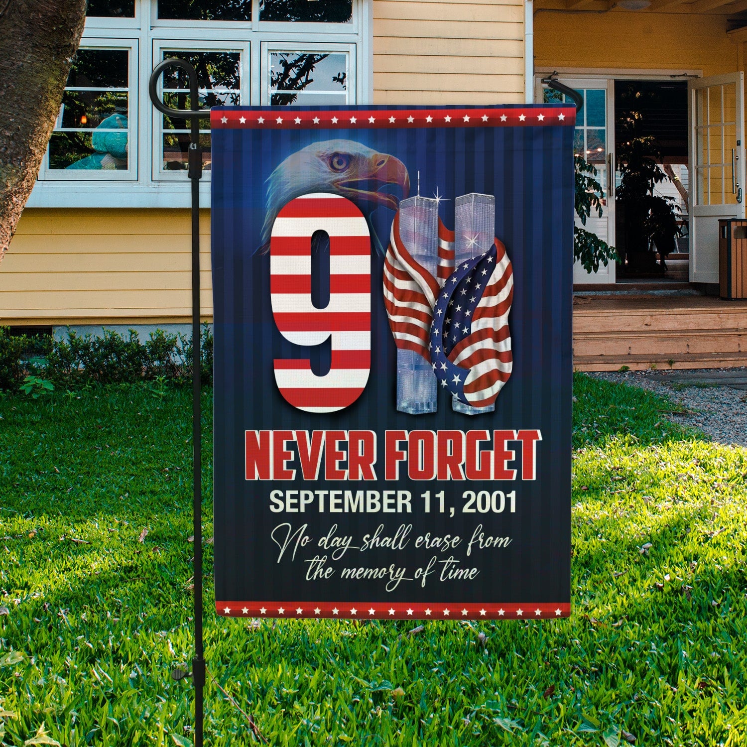 Patriot Day 9/11 Flag - September 11 Tribute with Twin Towers, American Flag, and Bald Eagle-140725-13-mk-5