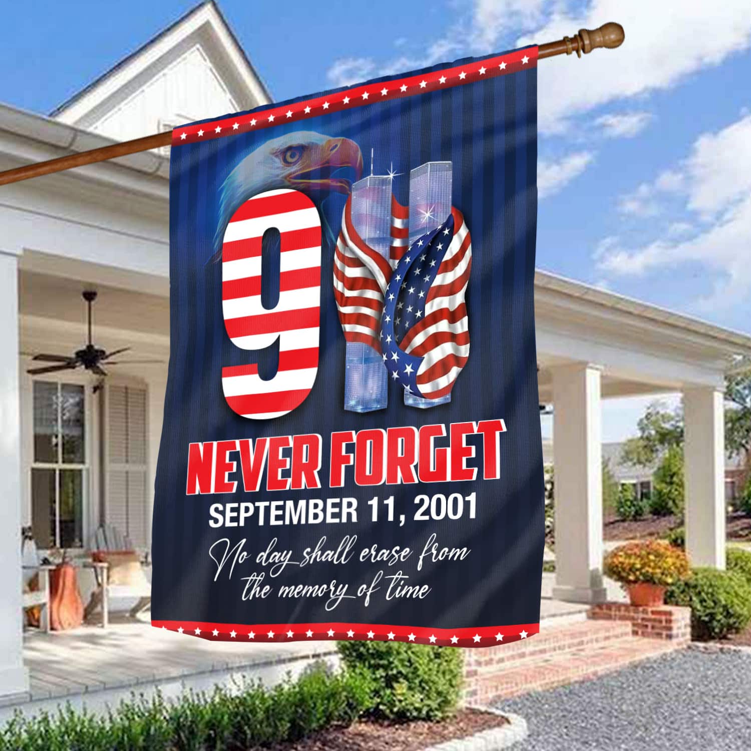 Patriot Day 9/11 Flag - September 11 Tribute with Twin Towers, American Flag, and Bald Eagle-140725-13-mk-6