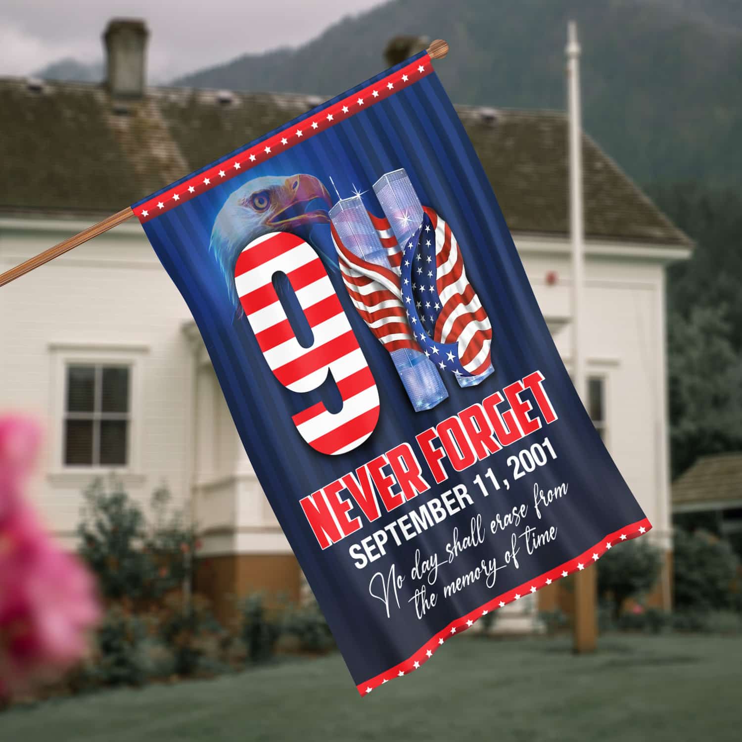 Patriot Day 9/11 Flag - September 11 Tribute with Twin Towers, American Flag, and Bald Eagle-140725-13-mk-7
