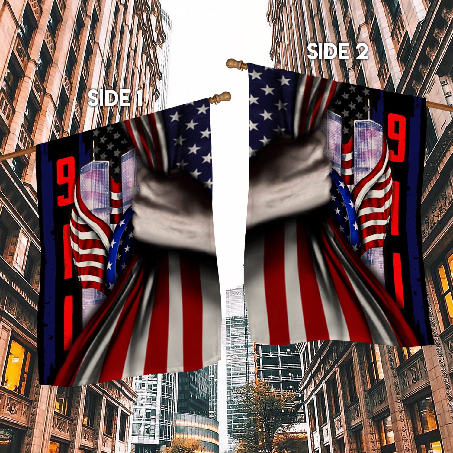Patriot Day 9/11 Flag - Twin Towers Revealed Behind American Flag Design140725-5-mk4