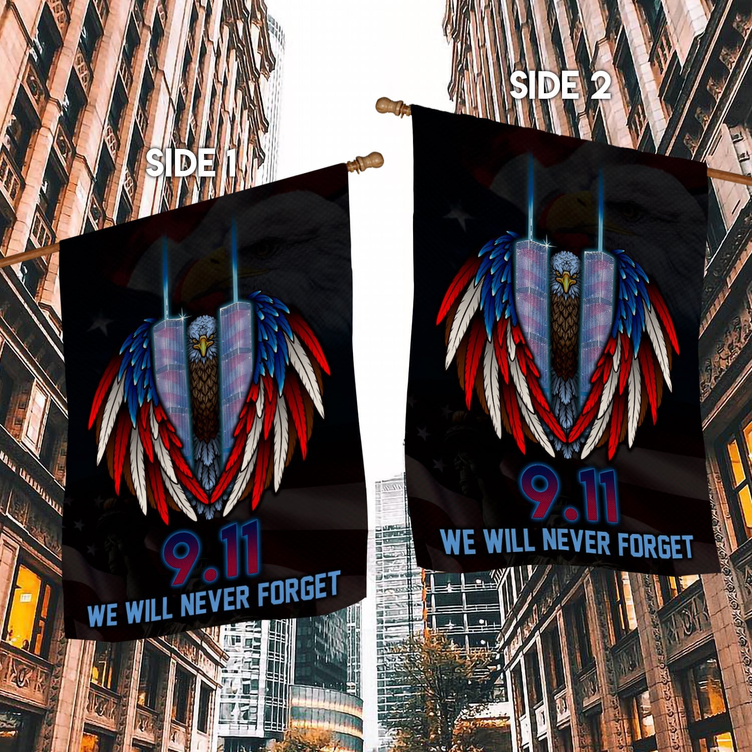 Patriot Day 9/11 Flag - We Will Never Forget Twin Towers & Eagle Wings Patriotic Banner-140725-2-mk6