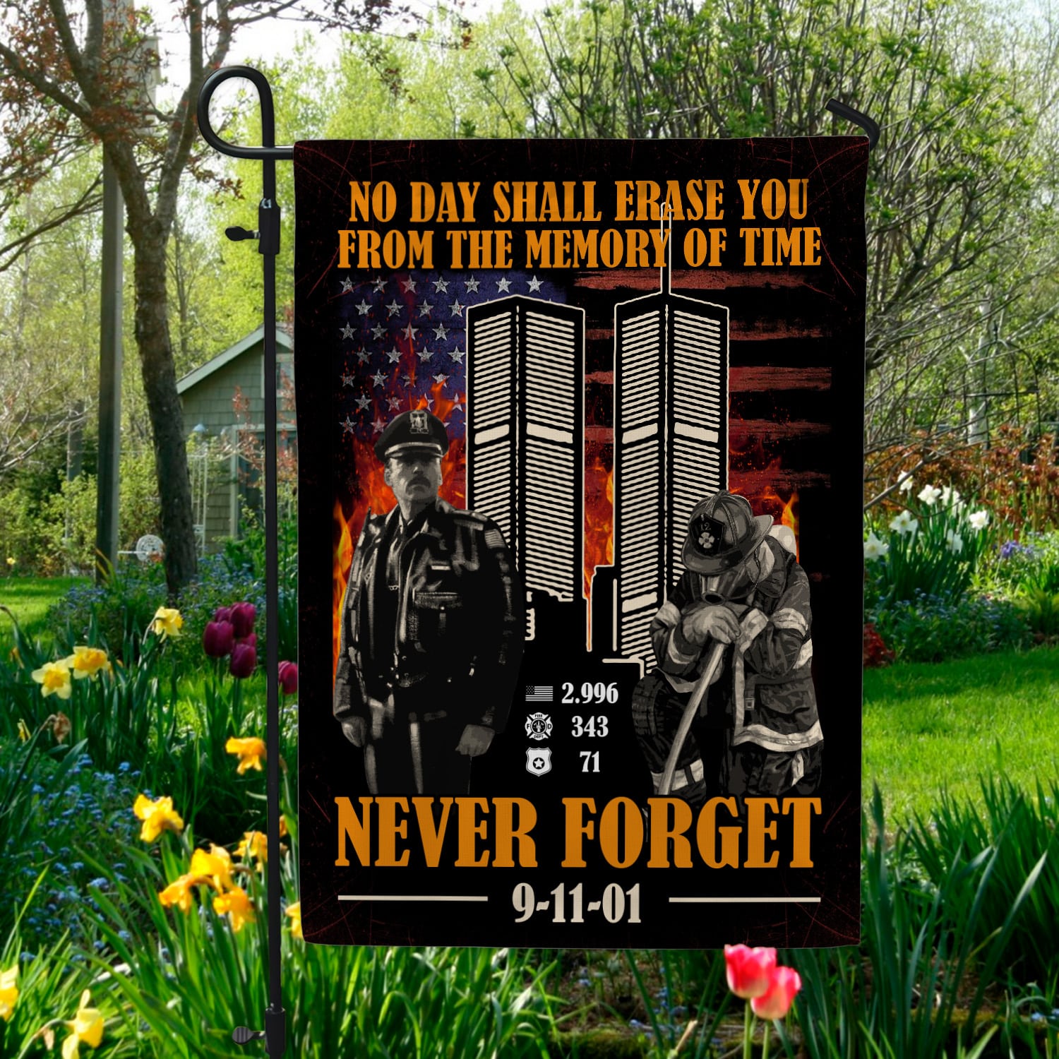 Patriot Day 9/11 Flag – Never Forget Banner with Twin Towers, Police & Firefighter-140725-8-mk-2
