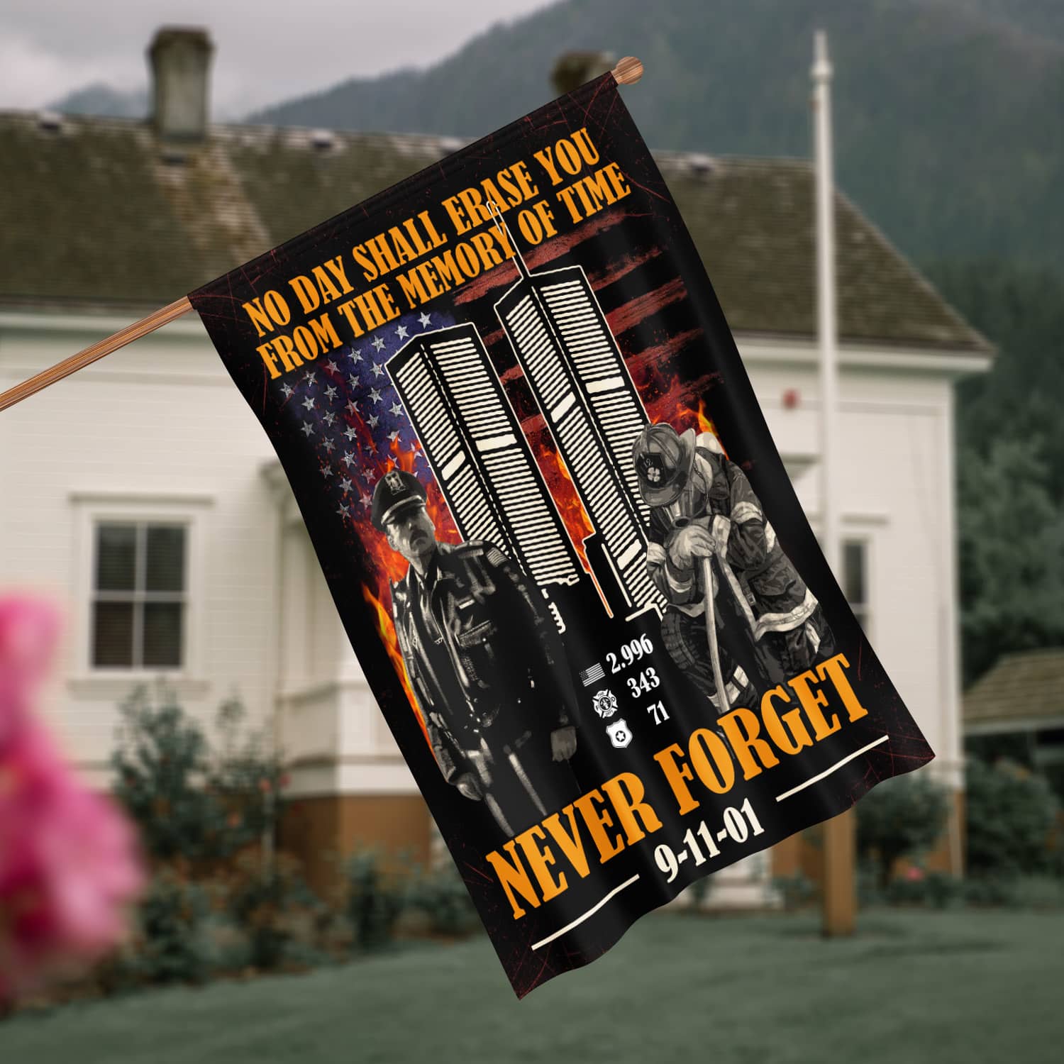 Patriot Day 9/11 Flag – Never Forget Banner with Twin Towers, Police & Firefighter-140725-8-mk8