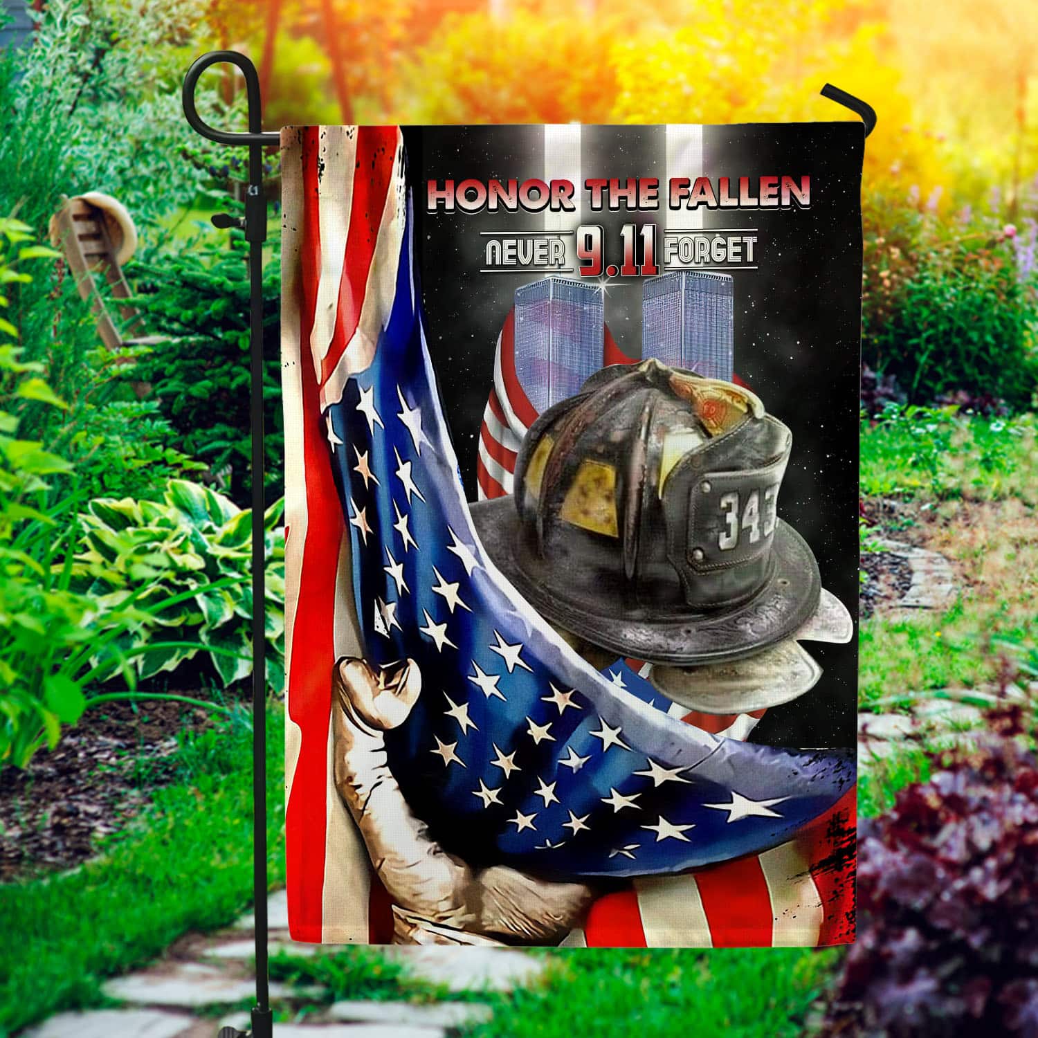 Patriot Day Flag - 9.11 Remembrance with American Flag and Fireman Gear-W150725-01-mk1