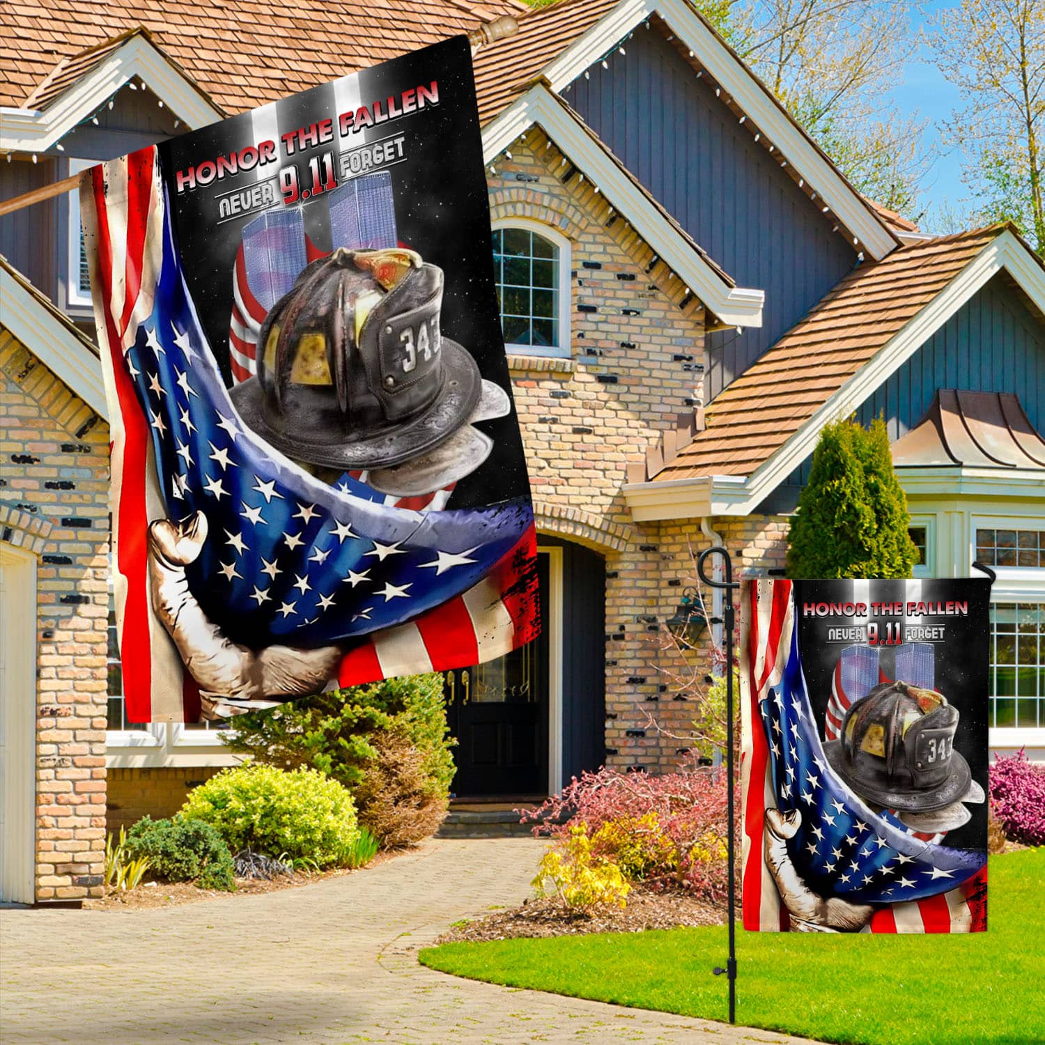 Patriot Day Flag - 9.11 Remembrance with American Flag and Fireman Gear-W150725-01-mk2