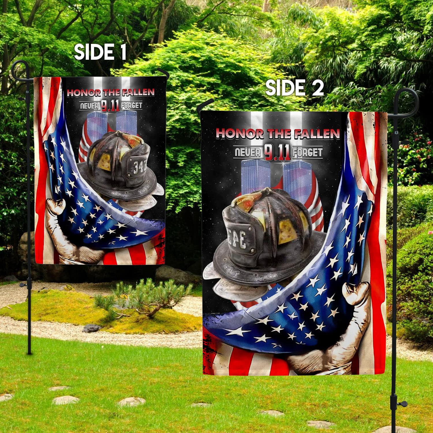 Patriot Day Flag - 9.11 Remembrance with American Flag and Fireman Gear-W150725-01-mk3