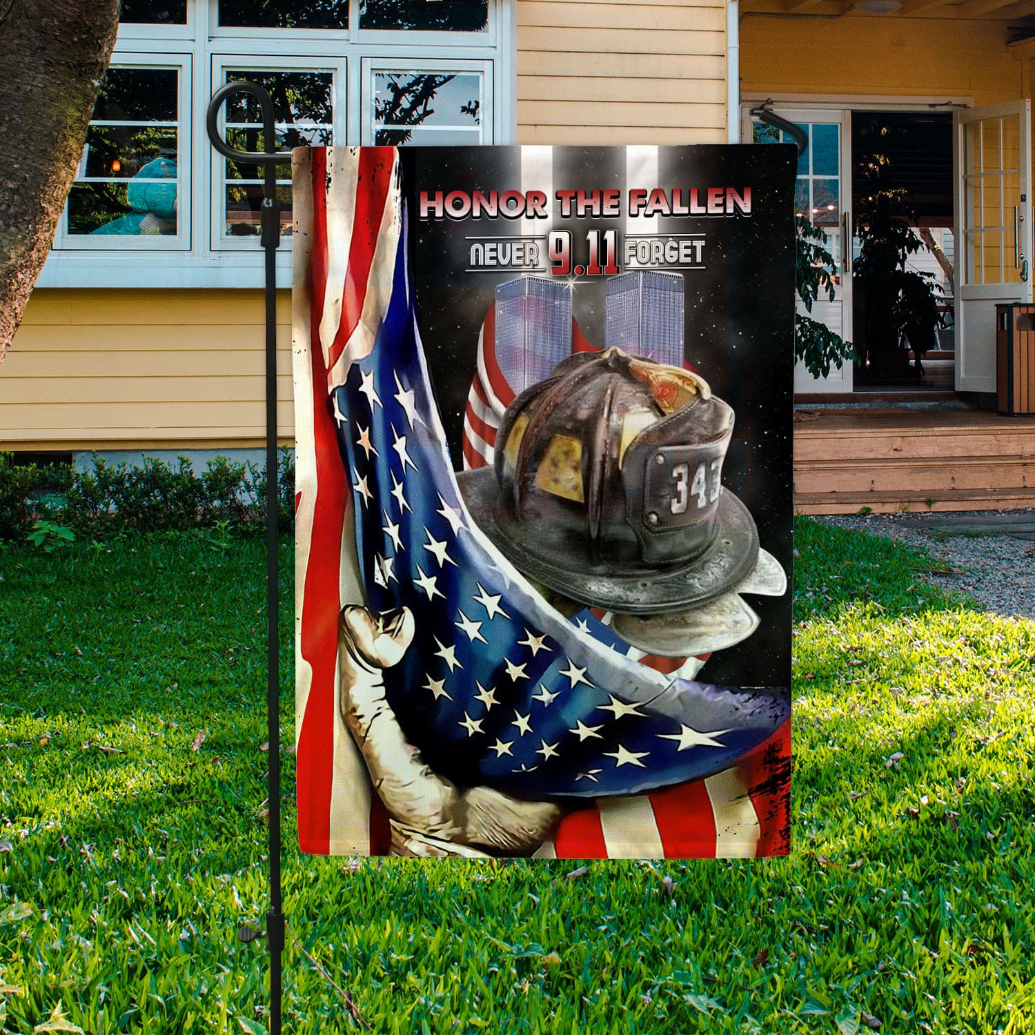 Patriot Day Flag - 9.11 Remembrance with American Flag and Fireman Gear-W150725-01-mk4